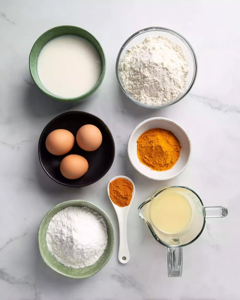 The image shows eight small bowls and a measuring cup placed on a white marbled surface. In the top row, from left to right, there is a white bowl with green outside filled with milk, and a clear glass bowl with white flour. In the middle row, from left to right, there is a black bowl with four brown eggs, a white bowl with green outside containing orange powder, and a clear glass measuring cup with a handle holding a light yellow liquid. At the bottom, from left to right, there is a smaller white bowl with green outside filled with salt, a white spoon with orange powder, and a small black bowl with a white powder. The arrangement is clean and neat, showing each ingredient separately. Photo taken with an iphone --ar 4:5 --v 7