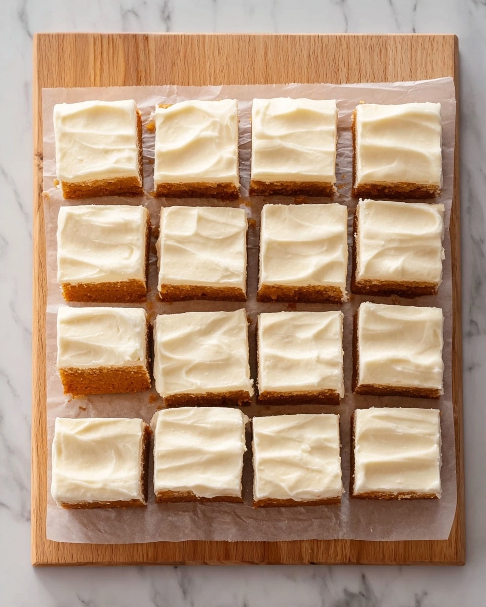 The image shows twenty-four square pieces of cake arranged in a 4 by 6 grid on a light wooden cutting board with parchment paper underneath. Each cake piece has two layers: a brownish-orange bottom layer, which looks moist and spongy, and a thick white creamy topping layer with a smooth, slightly swirled texture. The board is placed on a white marbled surface. photo taken with an iphone --ar 4:5 --v 7
