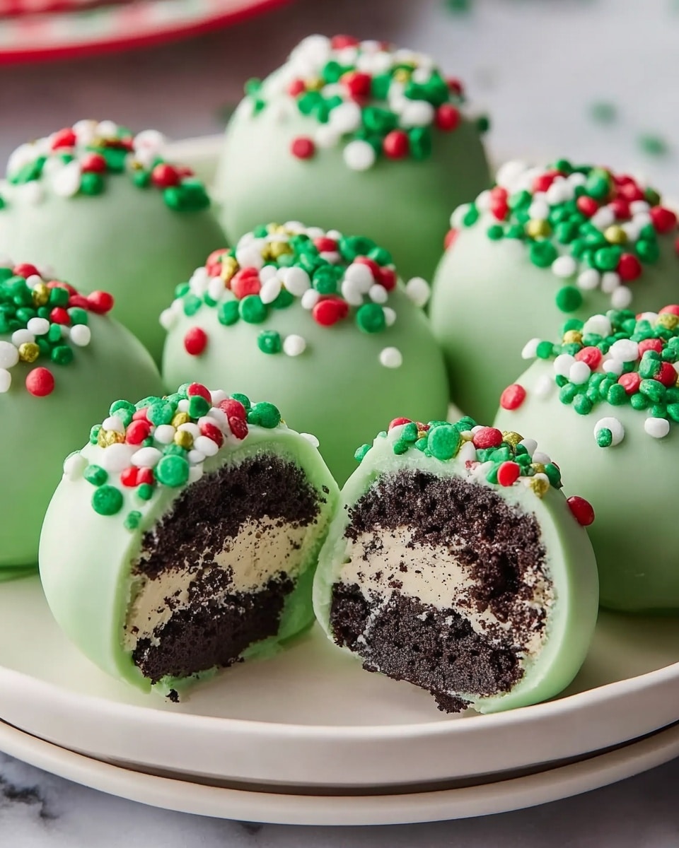 A group of round balls covered in smooth, light green coating are arranged on a white plate sitting on a white marbled surface. Each ball is topped with small round sprinkles in red, white, green, and yellow colors. One ball is cut in half and placed toward the center, showing three inner layers: a dense layer of dark brown cookie crumbs mixed with light cream and a thin green coating on the outside. The balls have a soft, smooth texture with colorful sprinkles adding a festive touch. Photo taken with an iphone --ar 4:5 --v 7