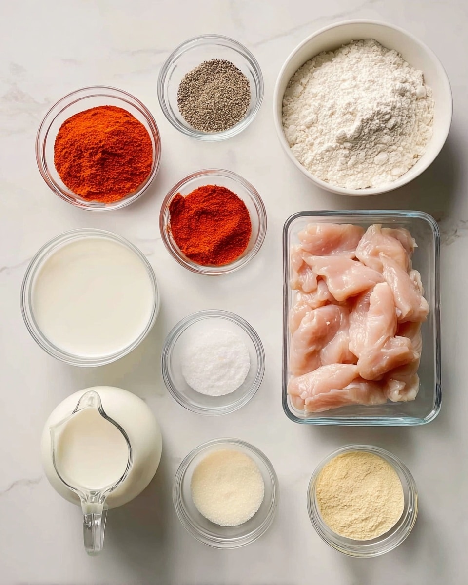 The image shows nine containers with ingredients arranged neatly on a white marbled surface. In the top right, there is a white bowl filled with soft white flour. Below it, on the right side, is a glass container holding light pink raw chicken strips. To the left of the chicken, a small glass bowl contains a mix of black and white seasonings. Above that is a small bowl filled with bright red paprika powder. Next to it, on the left, is a larger bowl with a similar red-orange spice. Above this, a small bowl of white salt is visible. In the bottom left corner, a clear glass bowl contains white liquid, and just above it is a small glass pitcher with creamy white milk. A small glass bowl with a pale yellow powder is near the center bottom. The whole scene is bright, clean, and organized, showing the raw ingredients for cooking. Photo taken with an iphone --ar 4:5 --v 7