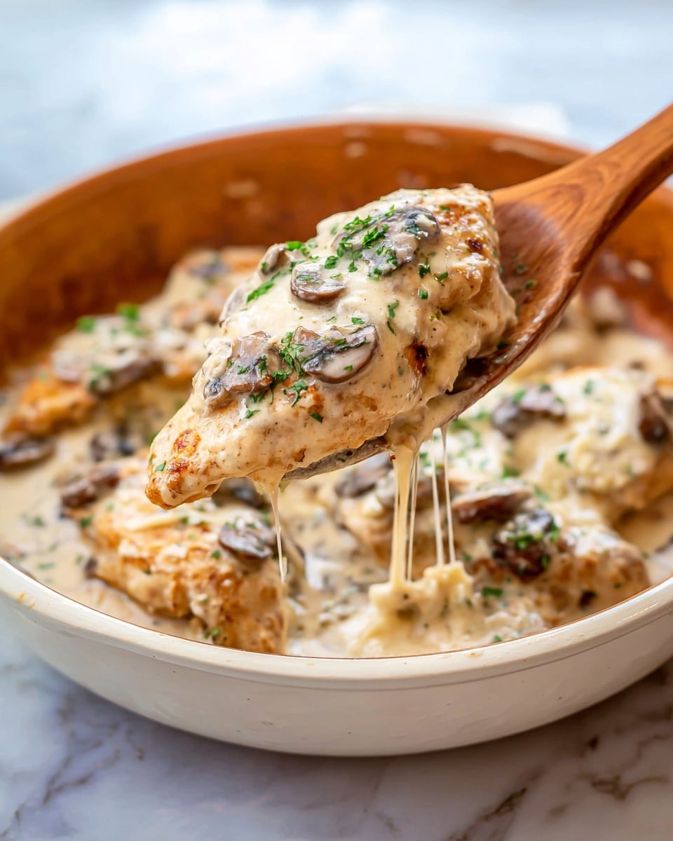 A close-up of a wooden spoon holding one piece of cooked chicken covered in a thick creamy white sauce with small brown mushroom slices mixed in. The chicken is topped with finely chopped green herbs and melted cheese that stretches slightly from the sauce in the white bowl below. The creamy sauce in the bowl fills it almost to the brim, showing more pieces of chicken and mushrooms with a smooth texture. The bowl is placed on a white marbled surface with soft natural light highlighting the rich colors and textures of the dish. Photo taken with an iphone --ar 4:5 --v 7