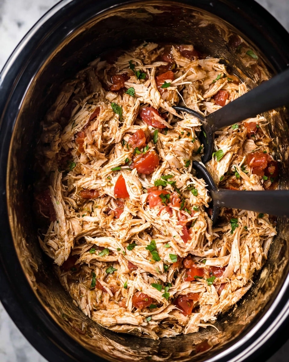 The image shows a slow cooker filled with shredded chicken mixed with small pieces of red tomatoes and green herbs scattered throughout. The chicken is light brown with visible textures from the shredding, and the tomatoes add a pop of deep red color. Two black serving spoons rest inside the cooker, partially covered by the chicken mixture. The slow cooker has a shiny metal interior that reflects the warm colors of the food, and the background is a white marbled texture. photo taken with an iphone --ar 4:5 --v 7