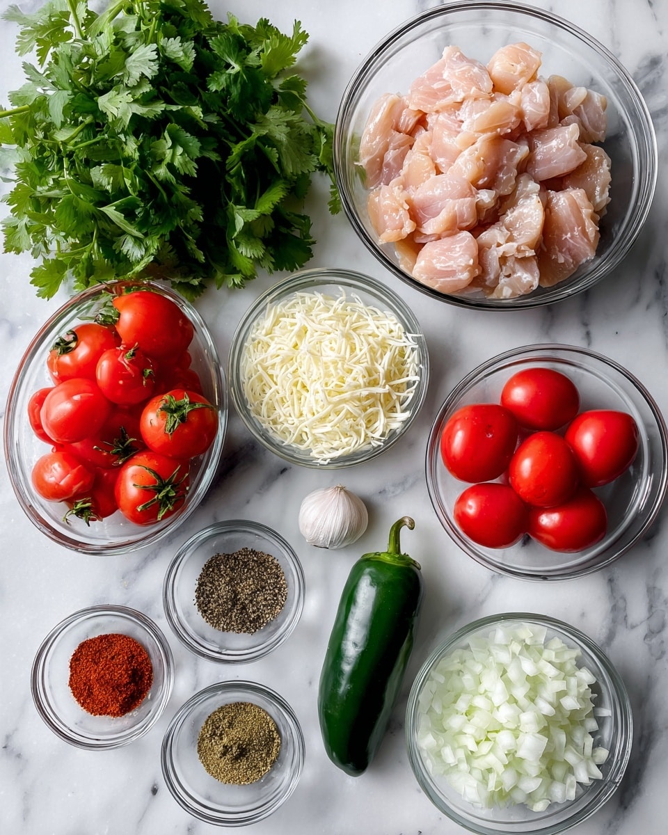 The image shows a flat lay of fresh cooking ingredients arranged on a white marbled surface. On the right, there is a clear bowl filled with light pink raw chicken pieces. Below it, another clear bowl holds bright red whole tomatoes on the vine. Next to the chicken, on the right, is a clear bowl filled with finely chopped white onions. In the center, a smaller clear bowl contains white shredded mozzarella cheese. To the left of this bowl, a whole dark green jalapeno pepper and a whole green lime are placed on the surface. Around the main bowls, six small clear bowls hold various powders and spices including black pepper, paprika, garlic powder, cumin, salt, and red pepper flakes, each labeled. Fresh dark green cilantro leaves are placed in the upper left corner, forming a leafy bunch. The ingredients are neatly spaced and the scene is well lit with natural light, photo taken with an iphone --ar 4:5 --v 7