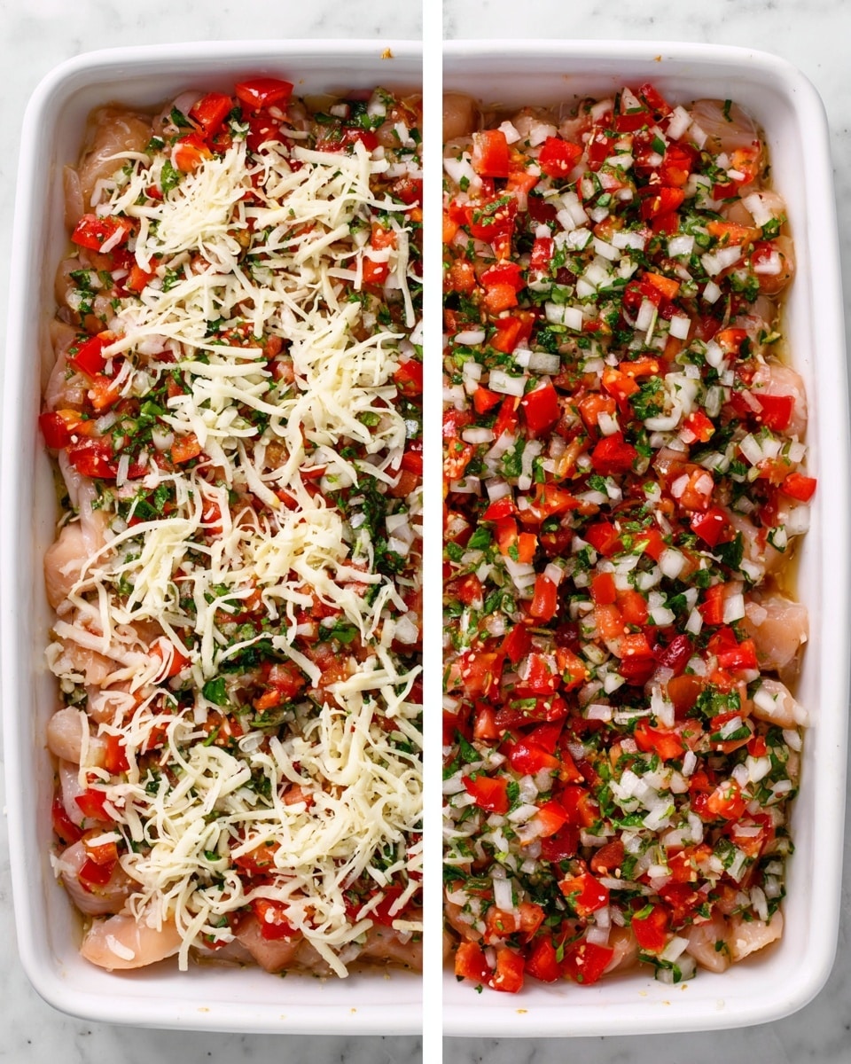 A white rectangular dish filled with a base layer of raw, light pink chicken pieces evenly spread out. On top, a mixed layer of finely chopped white onion, bright red tomato pieces, and chopped green herbs is spread across, creating a colorful and fresh look. The right image shows the same dish with an additional scattered layer of shredded white cheese over the tomato and herb mixture, giving a contrast in texture and color. The dish sits on a white marbled surface with a clean and bright background. Photo taken with an iphone --ar 4:5 --v 7