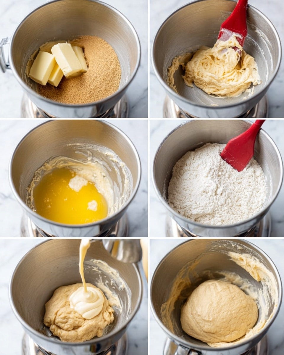 The image shows six close-up shots inside a shiny metal mixing bowl of a stand mixer on a white marbled surface. The first layer has two sticks of creamy pale yellow butter on top of light brown sugar. The second shows the butter and sugar mixed into a smooth creamy tan batter. The third layer adds a bright yellow egg to the batter. The fourth shows a pale cream liquid being poured into the mixed batter. The fifth layer adds white flour on top of the batter. The last layer shows a smooth, thick, pale tan dough in the bowl with a red spatula. Photo taken with an iphone --ar 4:5 --v 7
