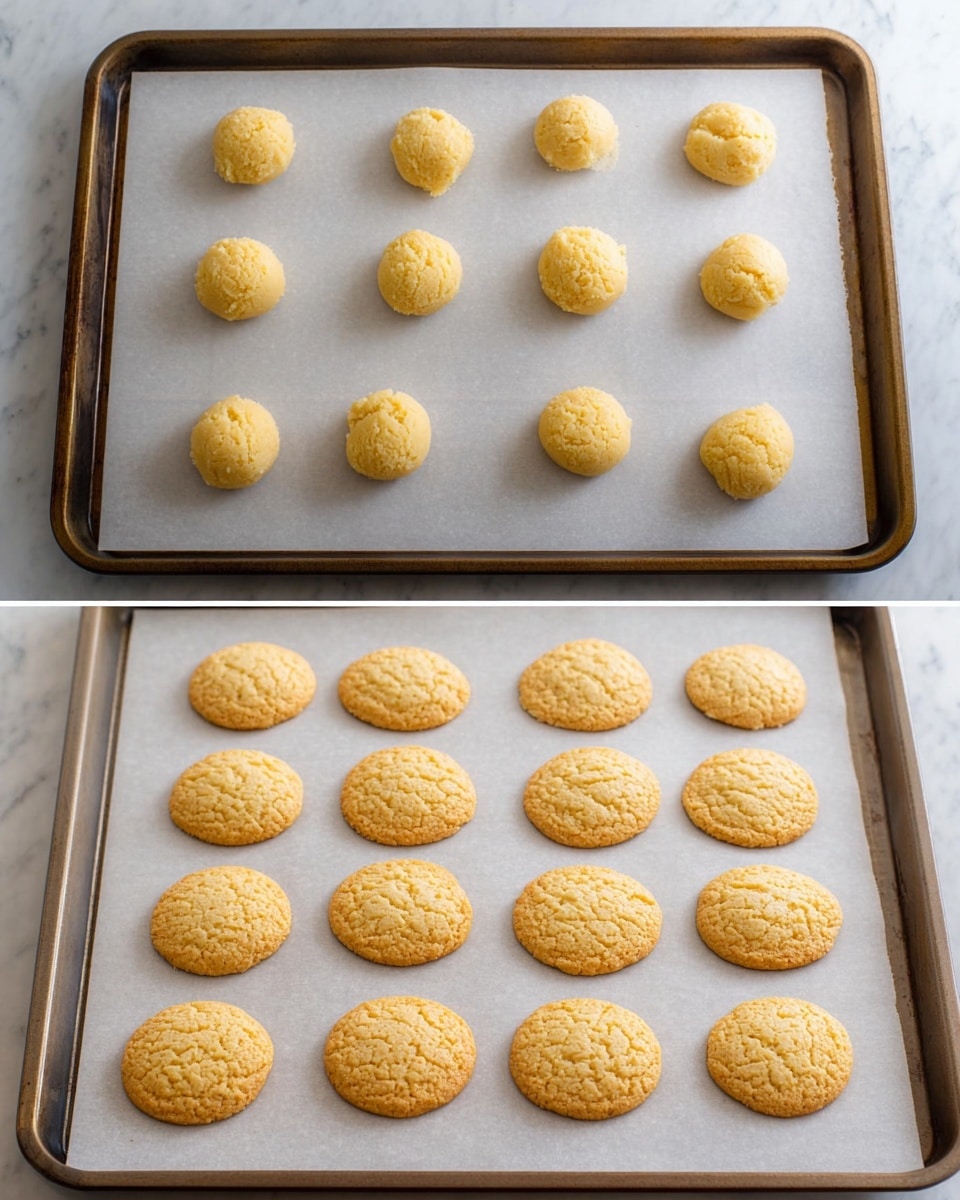 The image shows two parts: the top part has fifteen evenly spaced dough balls of pale yellow color with a rough texture on a baking sheet lined with white parchment paper, and the bottom part shows the same fifteen dough balls baked into round, flat cookies that are light golden brown with a slightly cracked surface, all on the same baking sheet lined with white parchment paper, set on a white marbled background. photo taken with an iphone --ar 4:5 --v 7