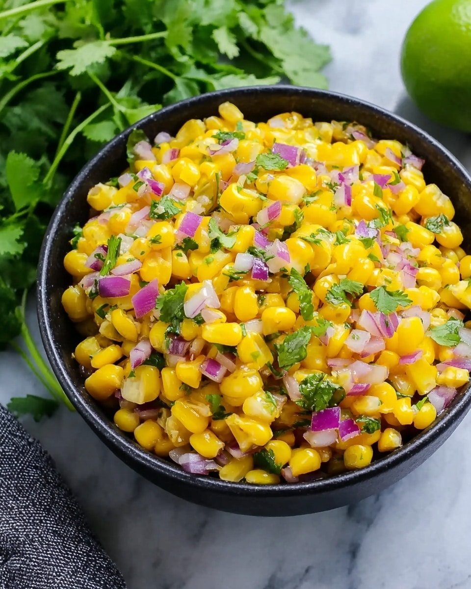 A close-up view of a black bowl filled with a colorful corn salad, showing one main layer consisting of bright yellow corn kernels mixed with small pieces of red onion and green cilantro leaves scattered throughout. The bowl is placed on a white marbled surface, with fresh cilantro leaves and a lime partially visible in the background. The overall texture of the salad looks fresh and crunchy with vibrant colors. Photo taken with an iphone --ar 4:5 --v 7
