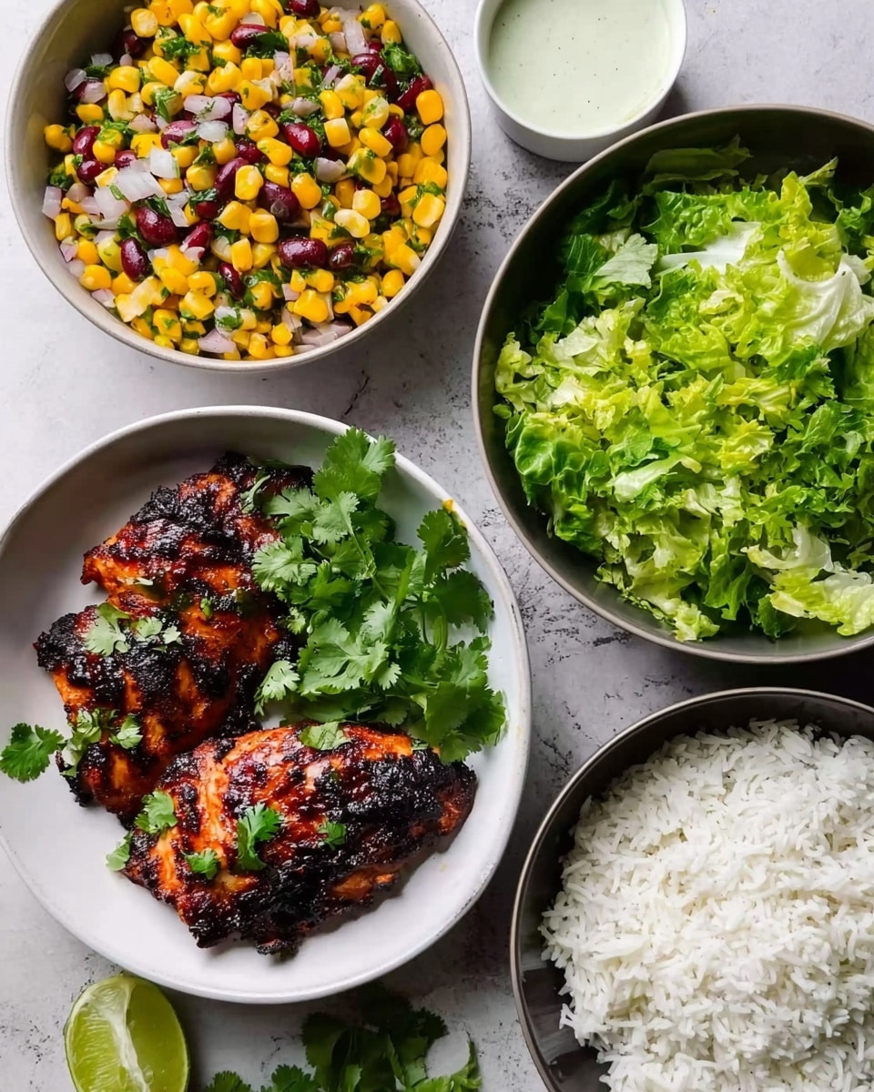 The image shows four white bowls on a white marbled surface. One bowl contains two pieces of grilled chicken with a dark, charred outer layer and garnished with fresh green cilantro leaves on top and around the chicken. Another bowl is full of fresh, chopped green lettuce with a crisp texture. A third bowl has a colorful corn salad featuring bright yellow corn, small red kidney beans, and some green herbs mixed in. The last bowl contains plain white rice with soft, fluffy grains. Next to the bowls, there is a small white cup with light green sauce and a half lime placed nearby. A woman's hand is reaching near the bowls. Photo taken with an iphone --ar 4:5 --v 7