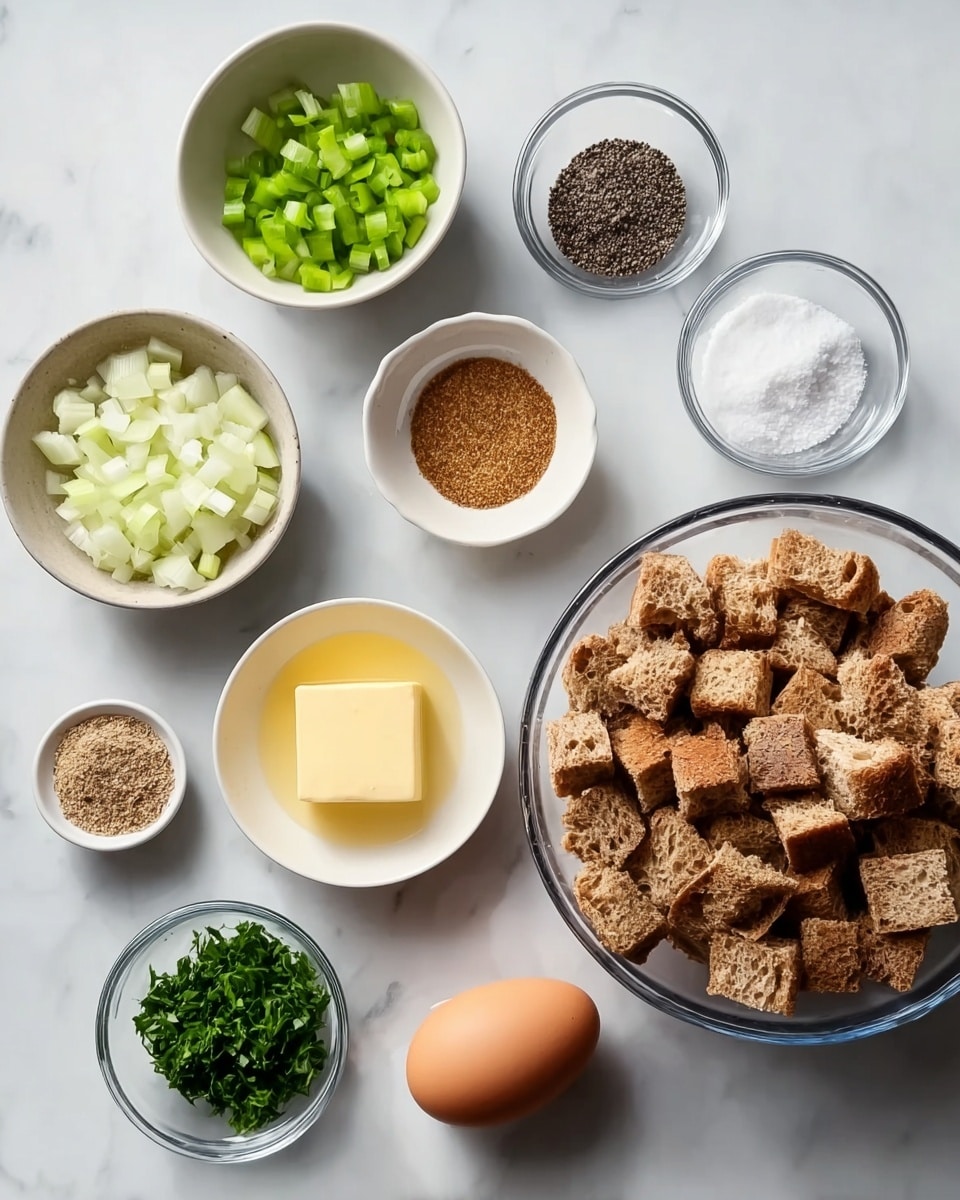 A top view of a white marbled surface with several small glass and ceramic bowls arranged neatly. There is a large clear glass bowl filled with brown bread cubes on the right side. Around it, from top left to bottom left, are small bowls with chopped green celery, chopped white onions, a pile of ground brown spice, a pile of small black seeds, and a small pile of white salt. There is a white bowl holding a pale yellow liquid, a small glass bowl with a block of yellow butter, and a smaller white bowl with chopped green herbs. Two brown eggs sit next to the herb bowl. The light is even and bright, highlighting the textures of each ingredient. Photo taken with an iphone --ar 4:5 --v 7