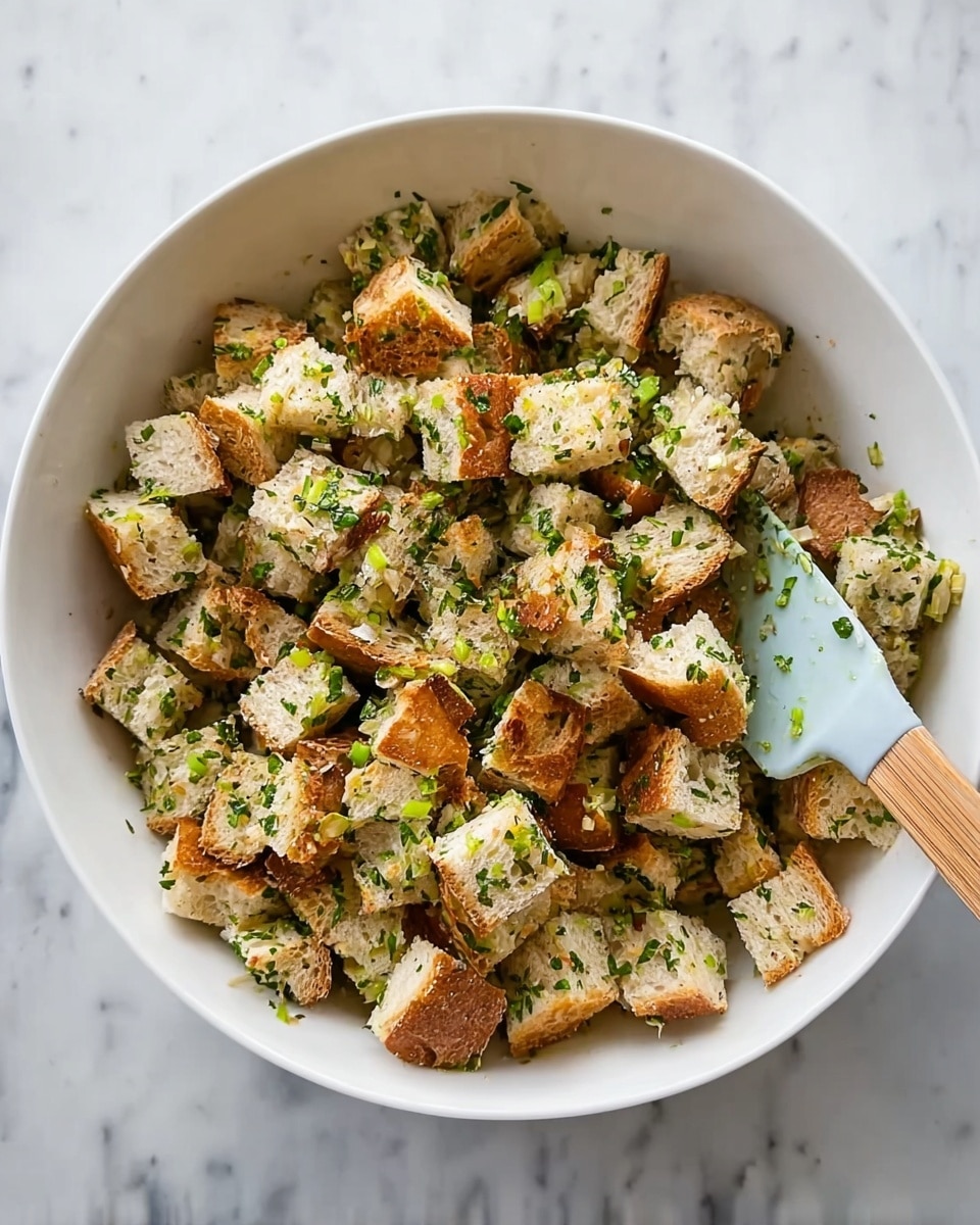 A white bowl filled with many small brown bread cubes mixed with chopped green herbs and bits of green onion. The bread cubes look dry but soft, and the herbs add small green spots all over. There is a light sprinkle of seasoning specks visible on the bread. A spatula with a light blue head and a wooden handle rests inside the bowl. The bowl sits on a white marbled surface. photo taken with an iphone --ar 4:5 --v 7
