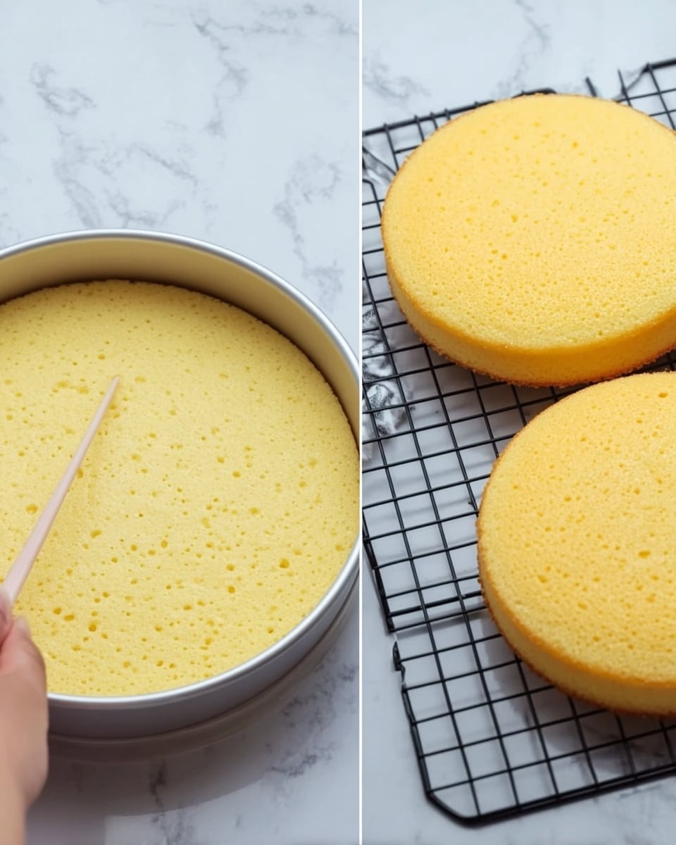 The image shows two stages of a yellow sponge cake. On the left, a round cake layer is still in a metal pan with a woman's hand holding a toothpick checking the texture of the cake top, which looks soft and slightly bumpy with small holes. On the right, two round yellow cake layers are cooling on a black wire rack placed on a white marbled surface. Both layers have a smooth and even texture with a light golden color on top and soft sides. photo taken with an iphone --ar 4:5 --v 7