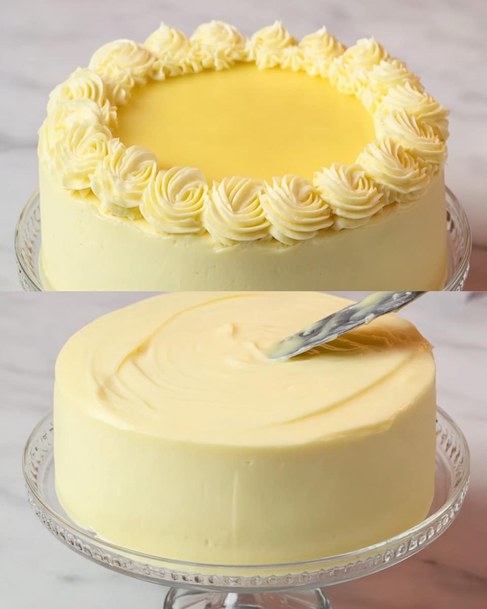 A round cake with smooth, pale yellow frosting covers the sides and top. Around the edge of the top, there is a single layer of creamy yellow piped swirls creating a border. Inside this border, a spoon is spreading a glossy, slightly darker yellow layer, giving a shiny texture in the middle of the cake. The cake is placed on a clear glass stand, which rests on a white marbled surface. Photo taken with an iphone --ar 4:5 --v 7