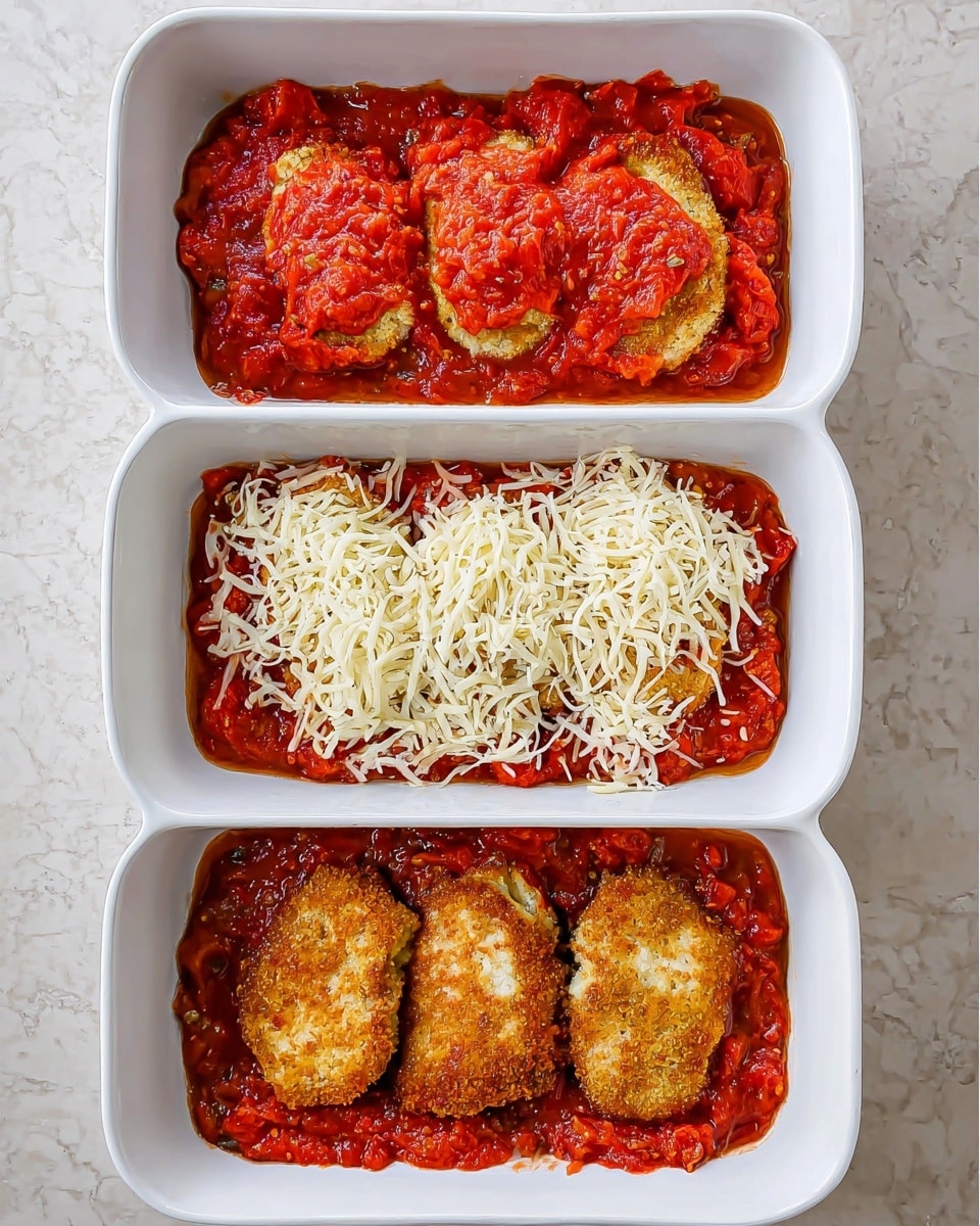 A white rectangular baking dish shows four golden brown fried cutlets laid side by side on a bed of chunky red tomato sauce that fills the bottom of the dish. In the next layer, another generous portion of the bright red chunky tomato sauce covers most of the top of the fried cutlets with some edges still visible. The final layer spreads a thick blanket of shredded white cheese evenly over the tomato sauce and cutlets, with some red sauce visible underneath. The dish rests on a white marbled surface. photo taken with an iphone --ar 4:5 --v 7