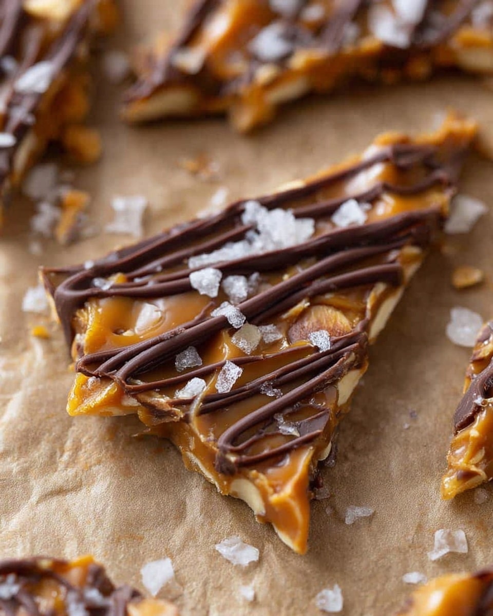 This image shows a single triangular piece of a dessert bar with three clear layers on a crinkled white marbled texture base. The bottom layer is a light golden caramel with a dense, smooth texture. The middle layer contains a mix of crunchy pecan pieces embedded in the caramel. The top layer is decorated with thin dark brown chocolate lines drizzled across horizontally, with small flakes of white salt sprinkled over the surface. The edges of the piece are slightly uneven, and more pieces with similar layers are blurred in the background. photo taken with an iphone --ar 4:5 --v 7