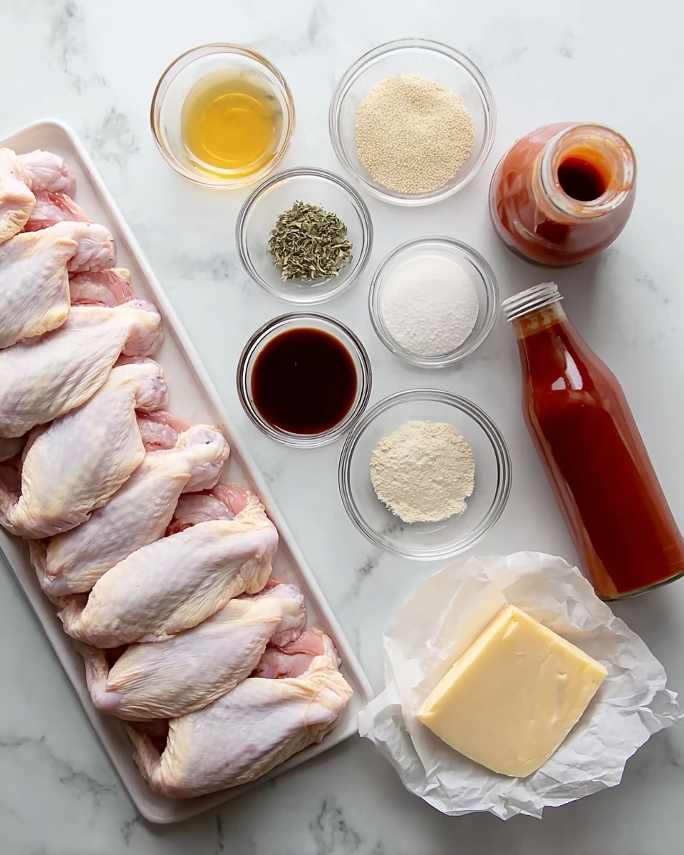 The image shows a white tray filled with raw chicken wings lined up in a row on the left side of a white marbled surface. Around the tray, there are small clear glass bowls with different spices and liquids, including one with a dark brown sauce and three others containing white powder, a beige powder, and green dried herbs. Two wedges of pale yellow cheese wrapped in white paper sit near the bowls, and there are two bottles of reddish sauce, one upright and one lying on its side with its cap off. The arrangement is neat and spread out over the white marbled background. photo taken with an iphone --ar 4:5 --v 7