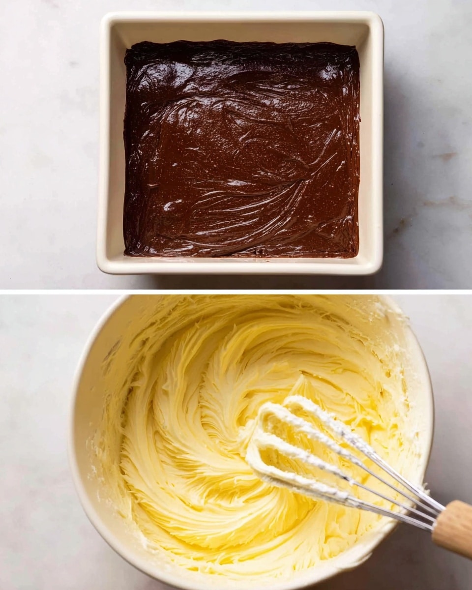 The first image shows a square white baking pan filled with one thick layer of dark brown chocolate batter that looks smooth and glossy, spread evenly across the pan. The second image shows a close-up of a white bowl with one large swirl of light yellow creamy frosting that looks fluffy and soft, with a metal whisk partly visible mixing it. Both images are set on a white marbled surface. photo taken with an iphone --ar 4:5 --v 7