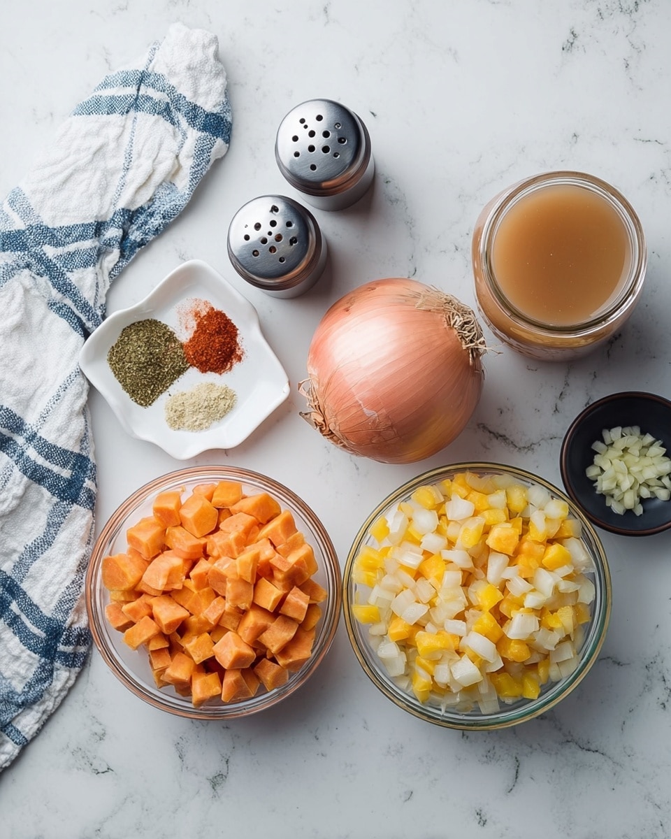 The image shows several ingredients placed on a white marbled surface. On the left, there is a white and blue checkered cloth with a small white dish that holds two spices—one green and one red. Above it, there are a salt and a pepper grinder lying on their sides. In the center, there is a whole onion with its root still attached. To the right of the onion, two glass bowls hold frozen diced vegetables: one bowl has small orange cubes, and the other has larger yellow cubes. Next to the bowls, there is a glass jar filled with a light brown liquid. At the top near the center, a small black bowl contains minced garlic. photo taken with an iphone --ar 4:5 --v 7
