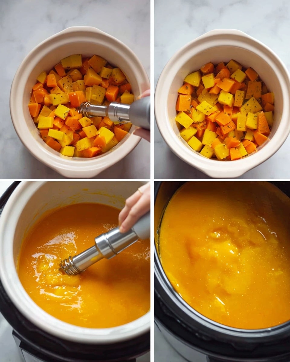 The image shows a three-step process of making a thick soup. In the first and second parts, there is a white slow cooker filled with chunky pieces of yellow and orange vegetables sitting in a liquid broth. A woman's hand is holding a silver hand blender blending the vegetables. The third part shows the same white slow cooker now filled with a smooth, thick orange soup being blended with the same silver hand blender. The background is a white marbled surface photo taken with an iphone --ar 4:5 --v 7