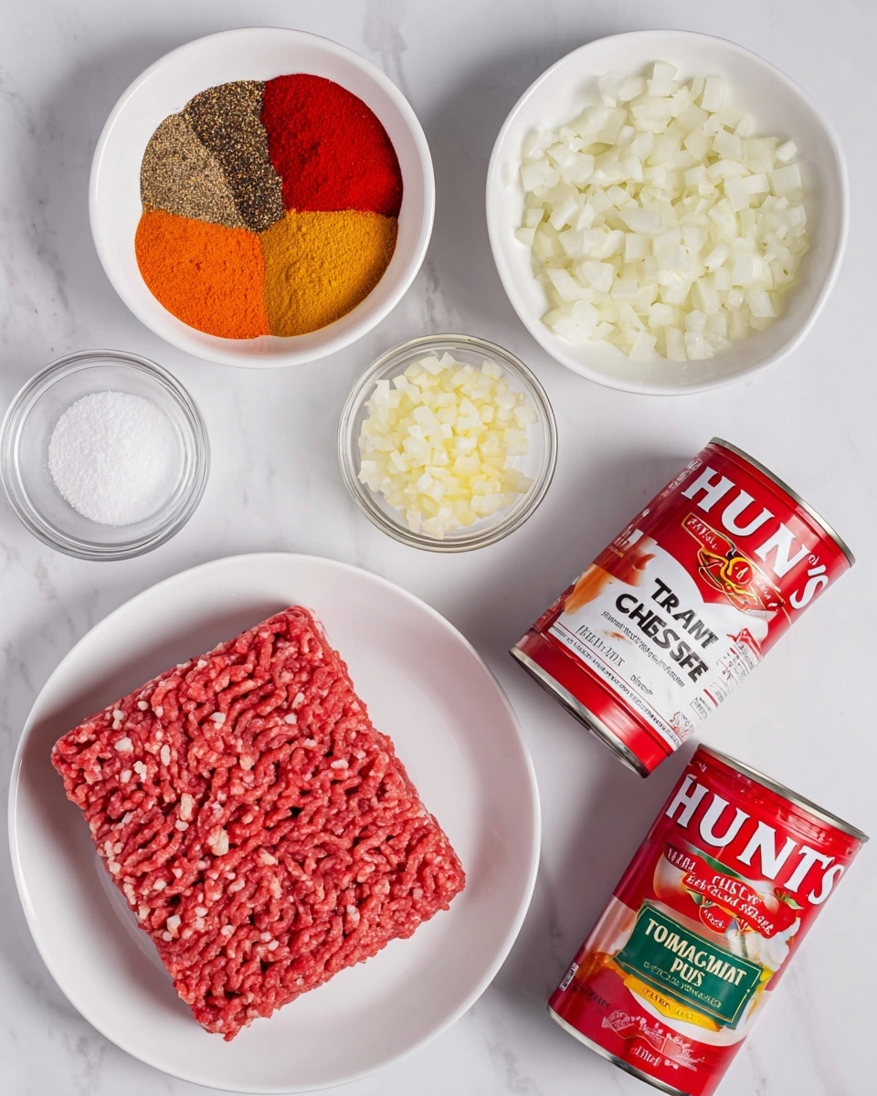 The image shows six bowls and cans on a white marbled surface, each with a different ingredient. In the center, there is a white plate with two thick, square layers of red ground meat with small white specks of fat. Above it to the left, a white bowl holds a colorful mix of seven spices arranged in separate sections, showing red, orange, yellow, black, and white powders. To the right of that, another white bowl is filled with small, white diced onion pieces. Below that, a small clear glass bowl contains finely chopped pale yellow garlic. On the bottom left, a small clear glass bowl holds white granulated salt. Near the bottom right corner, two red cans of Hunt’s tomato products are placed, the smaller can labeled “Tomato Paste” and the larger can labeled “Crushed” in yellow and green. Photo taken with an iphone --ar 4:5 --v 7