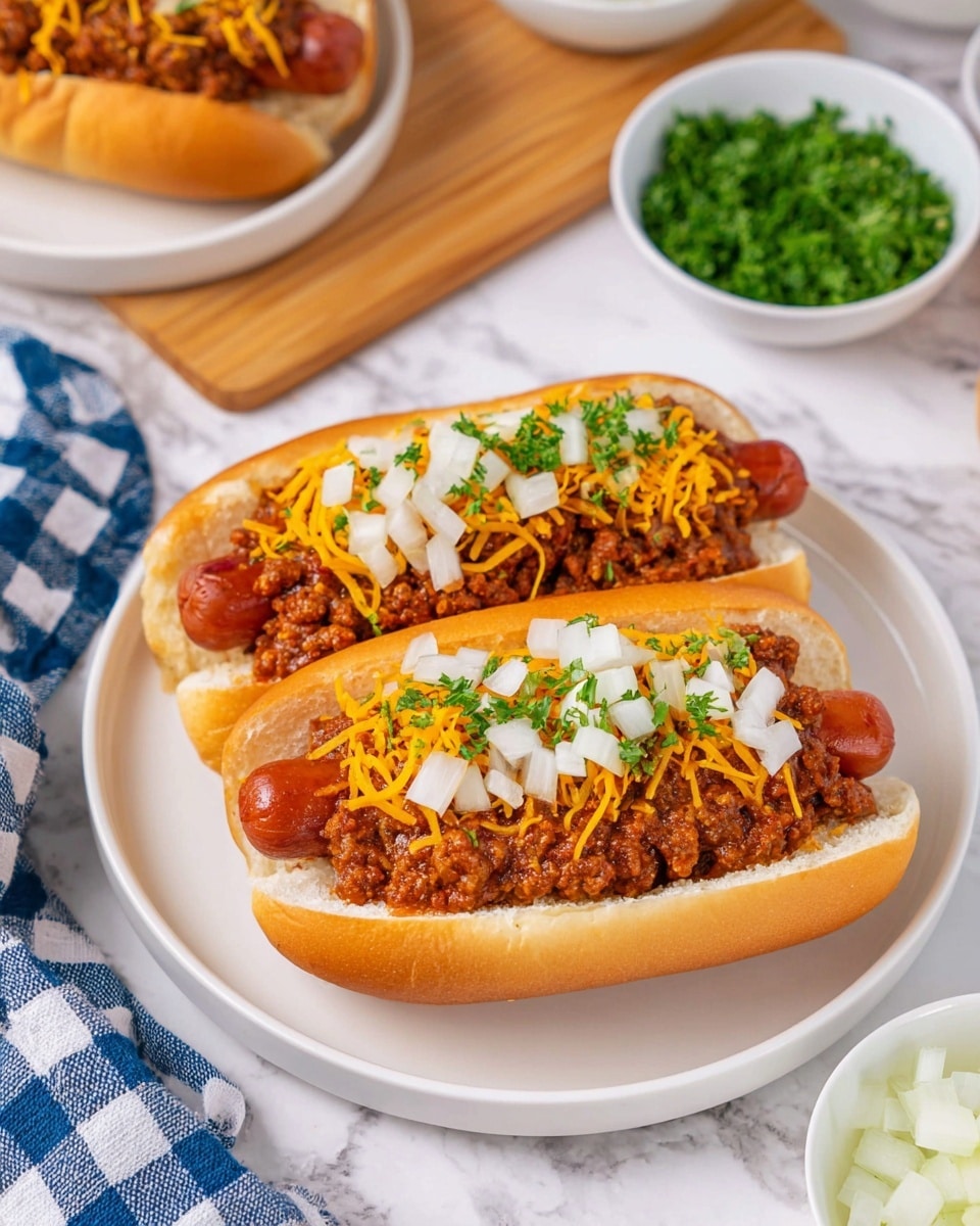 Two hot dogs with brown sausages placed inside soft white buns are shown on a white plate. Each hot dog has a thick layer of chili meat sauce covering the sausages, topped with a layer of shredded orange cheddar cheese that slightly melts into the chili. On top, there is a layer of small, white chopped onions sprinkled with bright green chopped parsley. The plate rests on a white marbled surface next to a blue and white checkered cloth and a wooden board. In the background, there are small bowls with chopped onions and green herbs. Photo taken with an iphone --ar 4:5 --v 7