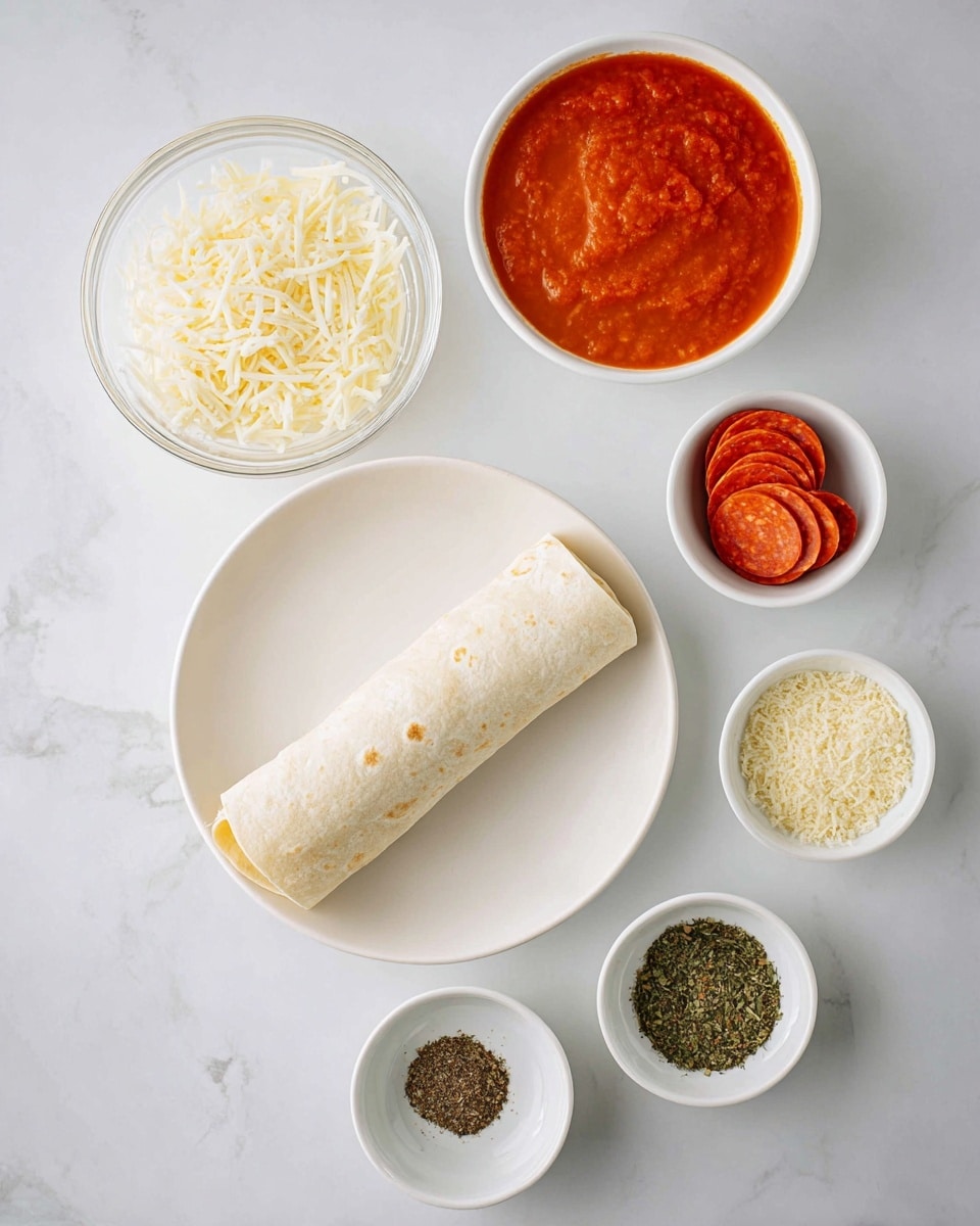 A white plate holds a rolled tortilla wrap with a soft, smooth texture and light beige color, placed on a white marbled surface. Surrounding it are six small white bowls and one clear bowl arranged neatly: an orange-red smooth tomato sauce fills one bowl, a glass bowl holds finely grated white cheese, another glass bowl contains thinly sliced red pepperoni pieces stacked together, a bowl of light yellow grated Parmesan cheese powder, a small bowl with mixed dried spices in black, green, white, and red hues, and a final small bowl with dried green herbs. The arrangement looks clean and organized, with soft natural light highlighting the colors photo taken with an iphone --ar 4:5 --v 7
