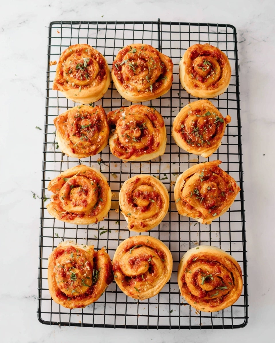 Nine small pizza rolls are arranged in a 3x3 grid on a black wire cooling rack against a white marbled surface. Each roll has two visible layers: a soft, golden-brown bread base rolled with a red tomato sauce layer that shows through the spirals on top. Bits of green herbs are sprinkled over the rolls and scattered on the rack, adding small green flecks to the overall warm color palette. The rolls appear lightly baked with slightly darker, crisp edges in some areas. Photo taken with an iphone --ar 4:5 --v 7