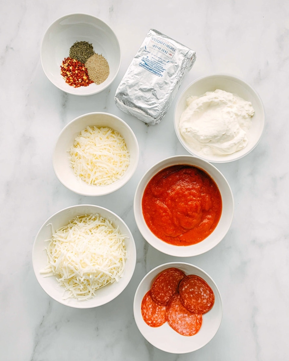 The image shows six white bowls and a silver wrapped block on a white marbled surface. The top left bowl contains three different dried spices arranged in small piles, including red pepper flakes, a green herb mix, and garlic powder. Next to it on the right is a bowl filled with thick white cream. Below the spice bowl is a silver wrapped block, likely cream cheese. To its left is a bowl of fine grated cheese, pale yellow in color. In the center, a bowl holds bright red tomato sauce with a slightly chunky texture. Below the tomato sauce is a bowl full of shredded white cheese, fluffy in appearance. At the bottom right is a bowl of thin, round red pepperoni slices arranged overlapping each other. photo taken with an iphone --ar 4:5 --v 7