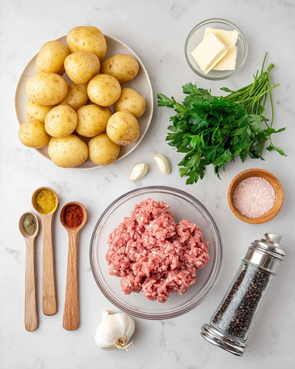 The image shows a white round plate with many small yellow potatoes stacked on it in the top right corner. Below it towards the center is a clear glass bowl filled with raw ground meat that is pinkish in color and has a soft, chunky texture. To the right of the bowl is a bunch of fresh green parsley with leafy stems. Above the meat bowl is a small glass dish containing three white butter sticks. To the left of the butter are two peeled garlic cloves and a light brown onion. Along the left side are three wooden measuring spoons with green and yellow spices inside. Below these spoons, there is a small wooden bowl with red spice powder, followed by a round wooden bowl of pink salt. Finally, at the bottom right, a transparent pepper grinder with black and white peppercorns completes the arrangement. Everything is placed on a white marbled texture surface photo taken with an iphone --ar 4:5 --v 7