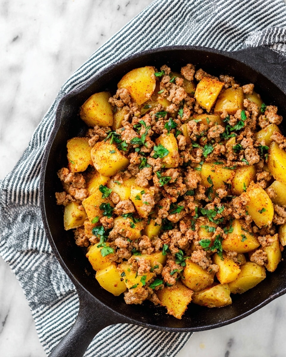 A black cast iron skillet holds a cooked dish with two main layers: at the bottom there are golden-brown roasted potato chunks with a slightly crispy texture, and on top a layer of crumbled cooked ground meat seasoned with spices, both scattered with small pieces of fresh green herbs. The skillet sits on a black and white striped cloth, all placed on a white marbled surface. Photo taken with an iphone --ar 4:5 --v 7