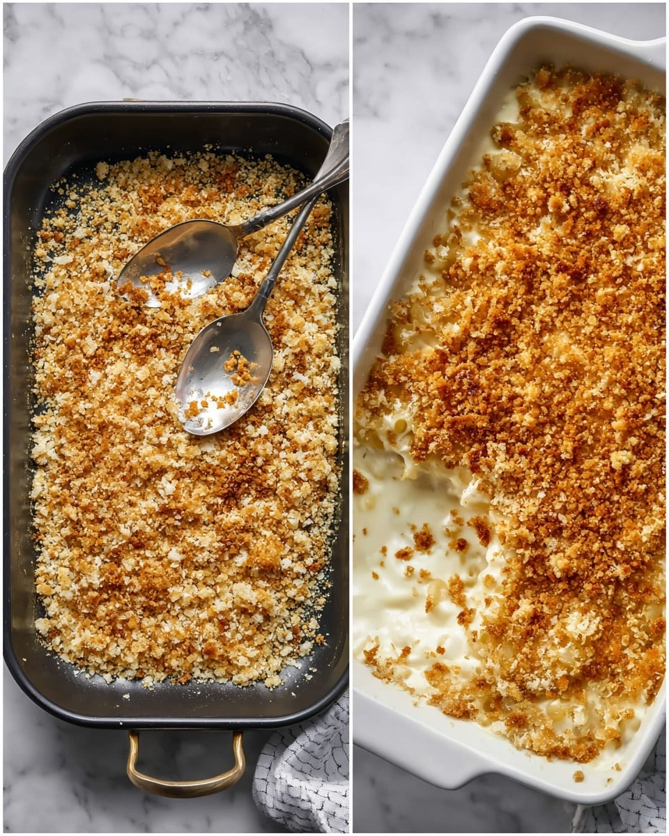 The image shows two scenes side by side on a white marbled surface. On the left, a black pan holds a layer of golden-brown toasted crumbs being mixed with two silver spoons, showing a crunchy texture with varying shades of brown. On the right, a white rectangular baking dish contains a creamy macaroni and cheese topped with a thick, evenly spread golden toasted crumb layer, giving a crunchy contrast to the smooth pasta below. The creamy white layer is slightly visible under the crumb top, and the dish has a cozy, rich appearance. Photo taken with an iphone --ar 4:5 --v 7