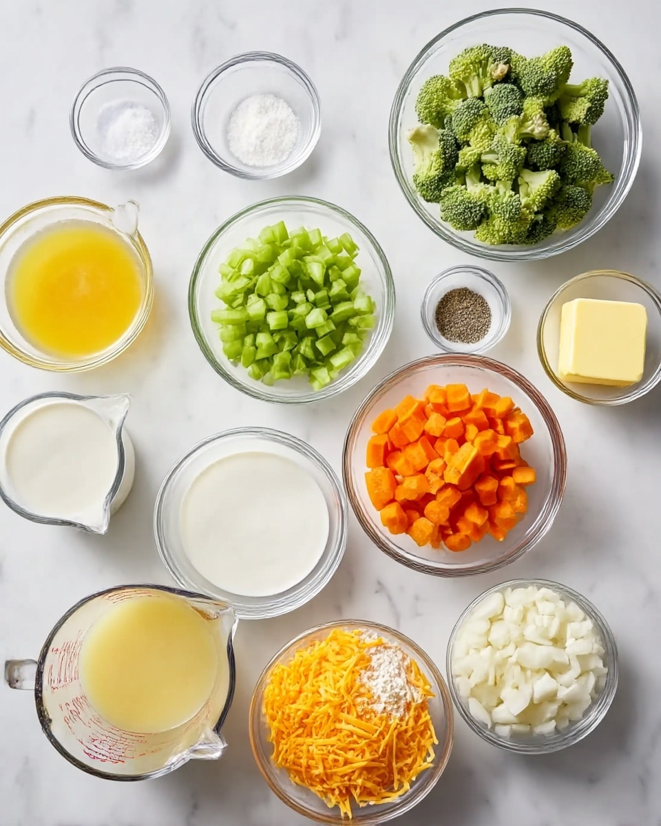 This image shows many clear glass bowls and containers with different cooking ingredients, all placed on a white marbled surface. In the front row, from left to right, there is a clear glass measuring cup with light yellow broth, followed by a glass measuring cup with white milk, a small bowl filled with white flour, and a medium bowl with shredded orange cheddar cheese. Above these, there is a bowl filled with chopped green celery, a bowl with chopped bright orange carrots, and a bowl filled with chunky white onions. Above these on the right, there is a bowl of fresh green broccoli florets, and on the left, a small glass container holding melted yellow butter. Two small bowls at the top are filled with white salt and ground black pepper. Every item is neatly placed so the colors and textures of the ingredients are clearly visible. Photo taken with an iphone --ar 4:5 --v 7