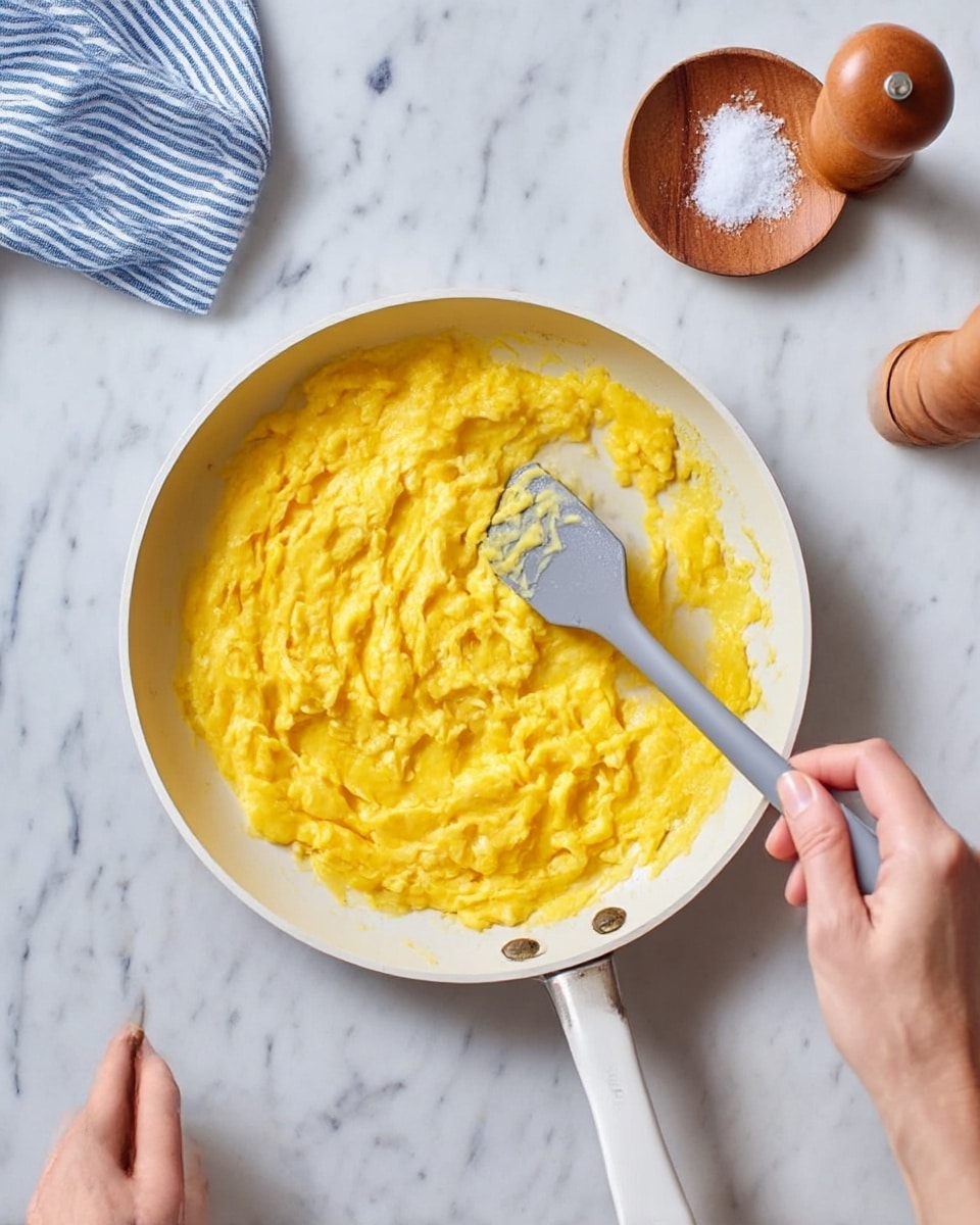 A white frying pan is shown from above on a white marbled surface. Inside the pan, a layer of bright yellow scrambled eggs with a soft and slightly lumpy texture fills most of the pan's base. A woman's hand is holding the pan handle with one hand, while the other woman's hand is using a grey spatula to gently stir the eggs. To the upper right of the pan, there is a small wooden dish with a pile of white salt and a rounded wooden pepper grinder. In the upper left corner, a blue and white striped cloth is partially visible. Photo taken with an iphone --ar 4:5 --v 7