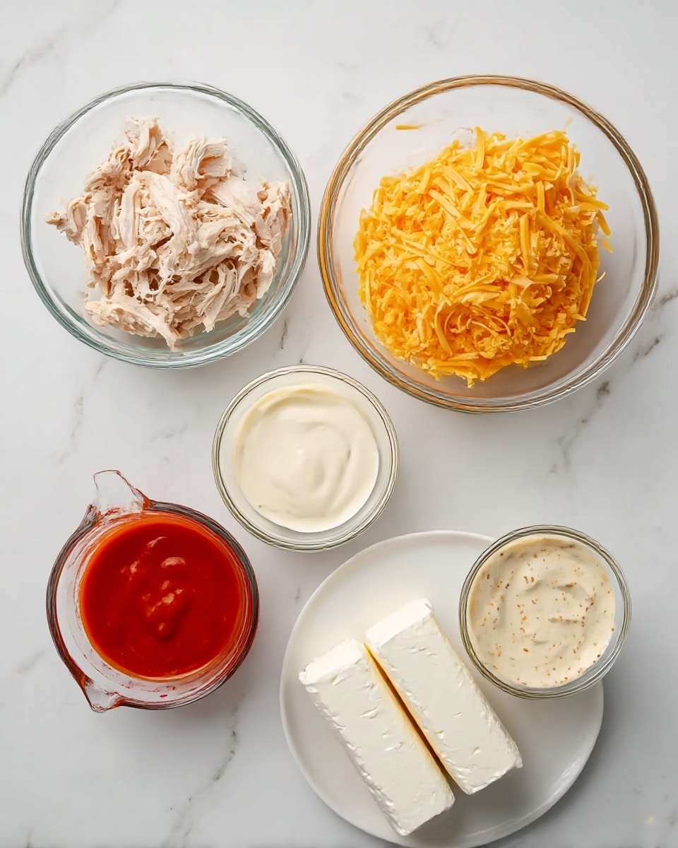 Five clear glass containers and one white plate sit on a white marbled surface. The top left glass container holds shredded cooked chicken with a soft texture and pale beige color. To its right, a glass bowl is filled with bright orange shredded cheese, fluffy and piled high. Below the chicken is a measuring glass with bright red sauce, smooth and slightly thick. To the right of the cheese, another measuring glass contains creamy white sauce with a few small darker specks. In the center bottom is a white plate holding two smooth logs of white cream cheese side by side. Photo taken with an iphone --ar 4:5 --v 7