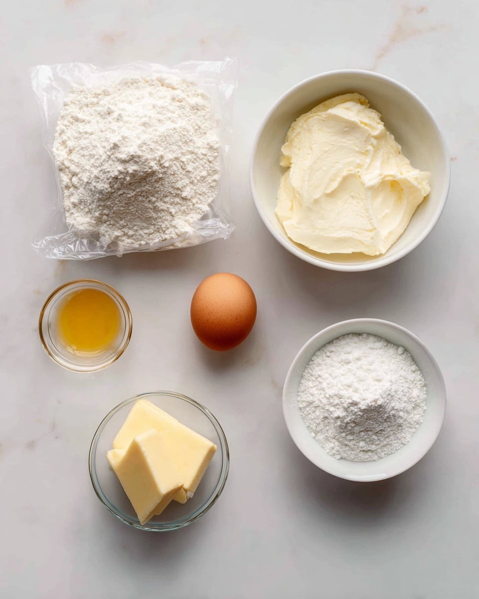 A white marbled surface holds six ingredients neatly arranged: on the left, a clear plastic bag filled with white flour, at the top center a white bowl filled with smooth, creamy white cheese, to the right a small white bowl with fine white powder, below it a brown egg, further down a small clear glass bowl with a yellow block of butter, and to the left of that a small cracked eggshell holding a small amount of golden liquid. All items are evenly spaced and clearly visible, photo taken with an iphone --ar 4:5 --v 7