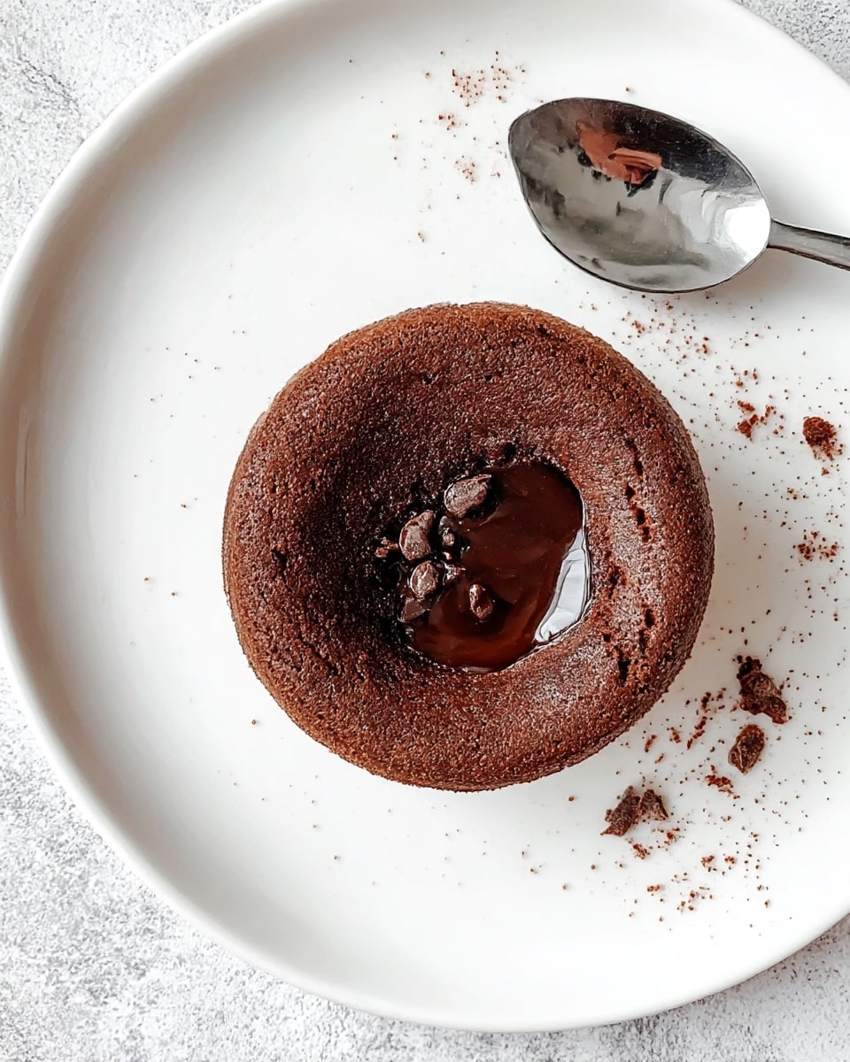 A single round chocolate dessert sits in the center of a white plate with a white marbled texture beneath. The dessert has a rich dark brown color with a slightly rough, baked outer surface. There is a small glossy pool of melted chocolate in the middle, with a few chocolate bits embedded in the top surface. Around the plate are a few small chocolate crumbs, and a shiny silver spoon is placed diagonally near the top edge of the plate. The photo is taken with an iphone --ar 4:5 --v 7