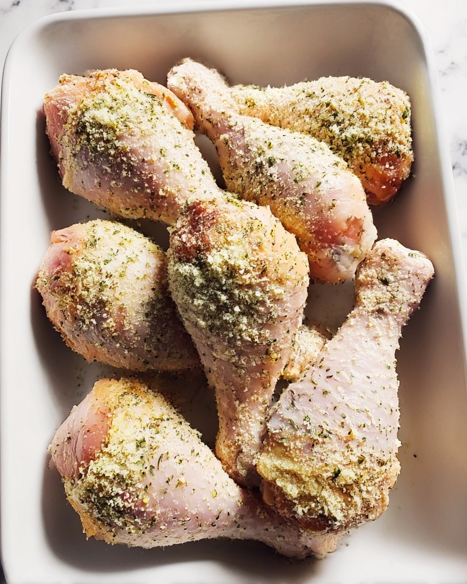 Seven raw chicken drumsticks are placed closely together in a white rectangular dish. Each drumstick is covered in a light layer of grated cheese mixed with herbs and a sprinkle of black pepper, giving a speckled texture with green and black spots on pale pink skin. The cheese coating looks powdery and slightly moist in some areas, especially on the rounded upper parts of the drumsticks. The dish sits on a white marbled surface, and the image has a bright, natural light showing clear details. photo taken with an iphone --ar 4:5 --v 7