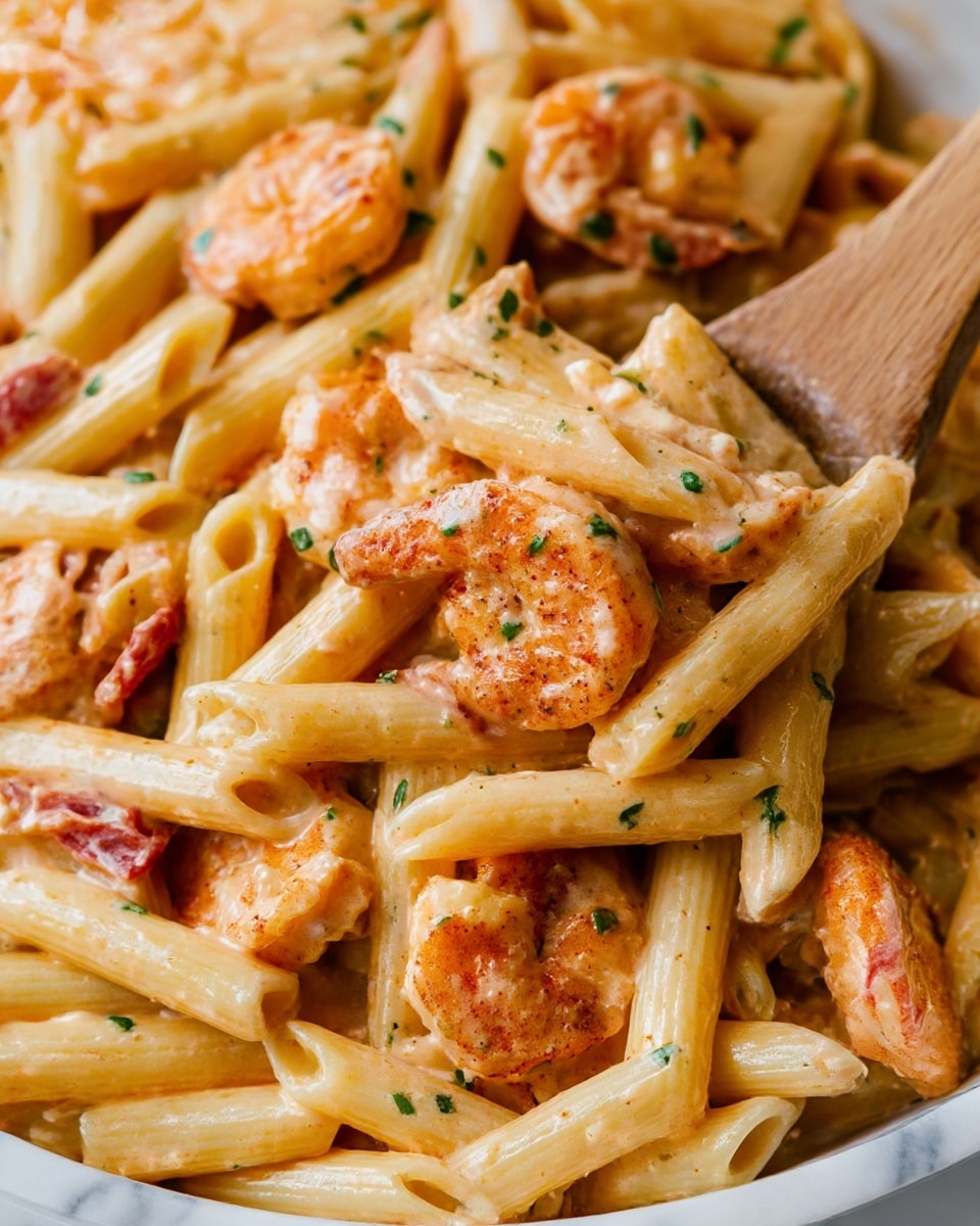 The image shows a close-up of a creamy pasta dish with penne as the main layer, which is pale yellow and coated in a smooth light orange creamy sauce. Mixed throughout the pasta are medium-sized shrimp that are orange with slight pink and reddish hues, giving them a cooked look with a light char. There are small pieces of green herbs scattered throughout the dish adding specks of green color. Small bits of red, likely tomato pieces, are also mixed in, providing contrast to the creamy sauce and the pasta. The shrimp and pasta mix is stirred with a wooden spoon visible on the right side. The dish is set on a white marbled texture surface. photo taken with an iphone --ar 4:5 --v 7