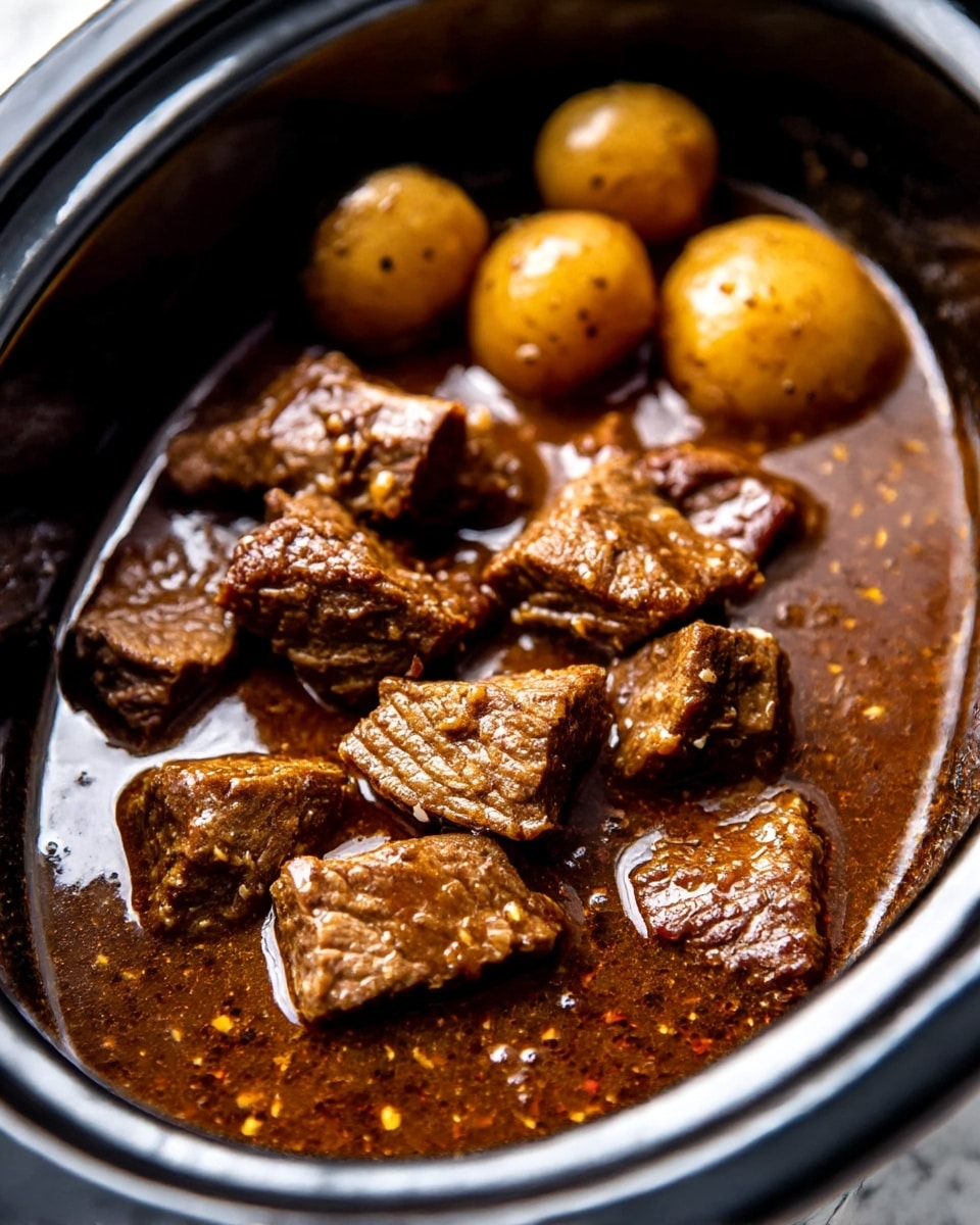 The image shows close-up chunks of brown cooked beef with a slightly rough texture, sitting in a thick, glossy brown gravy with tiny bits of seasoning visible. The beef pieces are scattered, and some baby potatoes with smooth, yellowish-brown skin are seen in the background, partially covered by the gravy. The food is inside a black slow cooker against a white marbled surface. Photo taken with an iphone --ar 4:5 --v 7