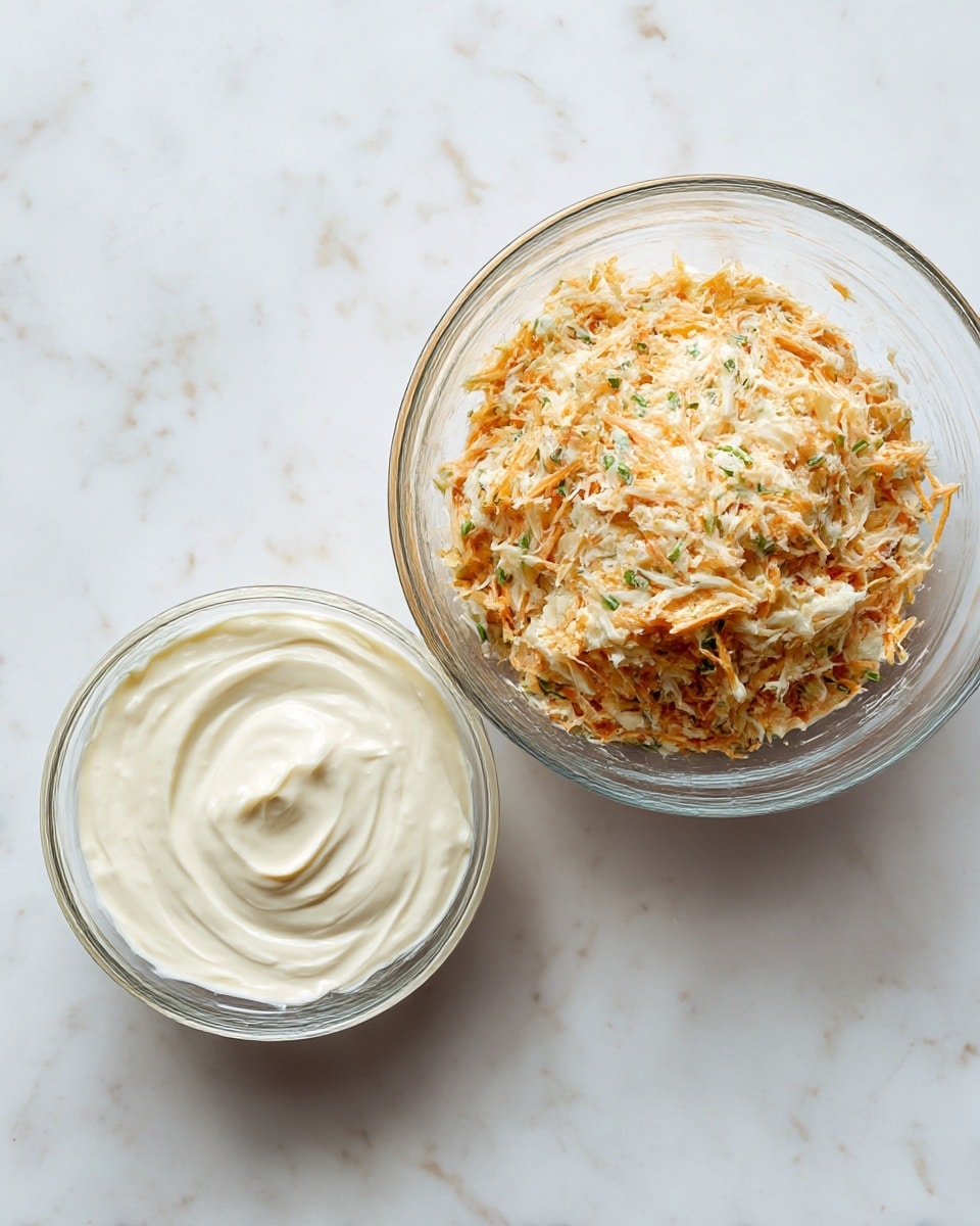 The image shows two clear glass bowls placed on a white marbled surface. The larger bowl, positioned on the right, contains a mixture with three visible layers: a base of shredded light orange and white ingredients, mixed with small green bits scattered evenly throughout. The texture looks soft and slightly loose. On the left is a smaller bowl filled with a smooth, thick, off-white creamy substance with a slightly swirled top. Photo taken with an iphone --ar 4:5 --v 7