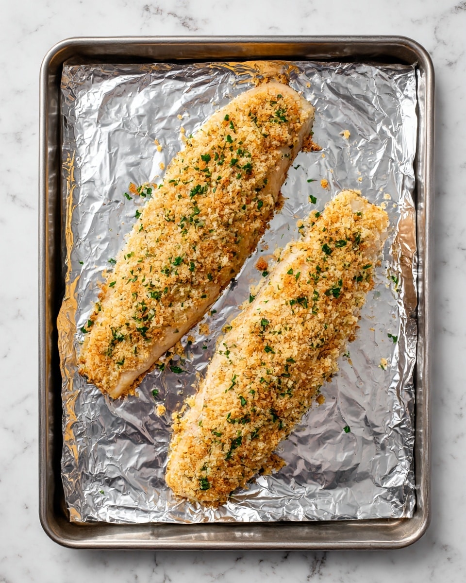 Two long fish fillets are placed on a baking tray lined with shiny silver foil, resting on a white marbled surface. Each fillet is coated with a crumbly, pale golden topping mixed with small green herb bits scattered evenly throughout. The coating looks crisp and crumbly with a slightly rough texture, covering the fillets completely. The baking tray has a shiny metallic finish with raised edges surrounding the foil. photo taken with an iphone --ar 4:5 --v 7