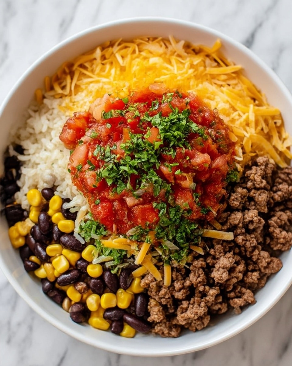 A white bowl filled with layers starting from the bottom with white rice mixed with black beans and yellow corn kernels, followed by a layer of cooked ground meat scattered evenly. On top of this is a layer of bright yellow shredded cheese covering part of the bowl. At the center, there is a mound of red salsa made from diced tomatoes, onions, and corn. The salsa is topped with finely chopped fresh green herbs. The bowl rests on a white marbled surface. Photo taken with an iphone --ar 4:5 --v 7