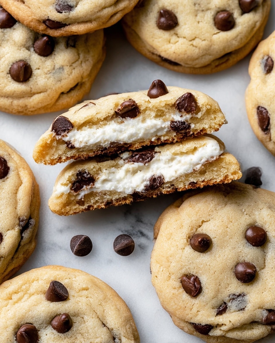 The image shows several round cookies with a soft, light brown outer layer and scattered dark chocolate chips on top and inside. In the center, two cookies are stacked and cut in half horizontally, revealing three clear layers: the light brown cookie dough outer layer, speckled with melted chocolate chips, and a thick white creamy filling in the middle. The cookies are placed directly on a white marbled surface with a few loose chocolate chips scattered around. photo taken with an iphone --ar 4:5 --v 7