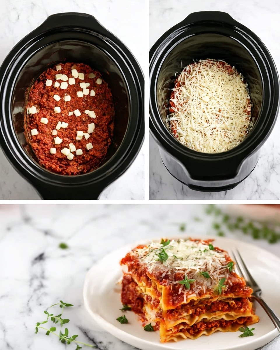 The image shows a three-step process of making lasagna in a black slow cooker and the finished dish on a white plate. The first step shows the slow cooker with a layer of meat sauce at the bottom topped with small white cheese pieces scattered unevenly. The second step displays the same slow cooker with the same meat sauce layer at the bottom but now covered by an even layer of shredded white cheese. The third step shows a close-up of a white plate with a thick, three-layered lasagna stack; the layers alternate between golden pasta sheets and a rich red meat and tomato sauce with melted cheese on top, garnished with small green herb leaves, all placed on a white marbled surface with a fork beside it. Photo taken with an iphone --ar 4:5 --v 7