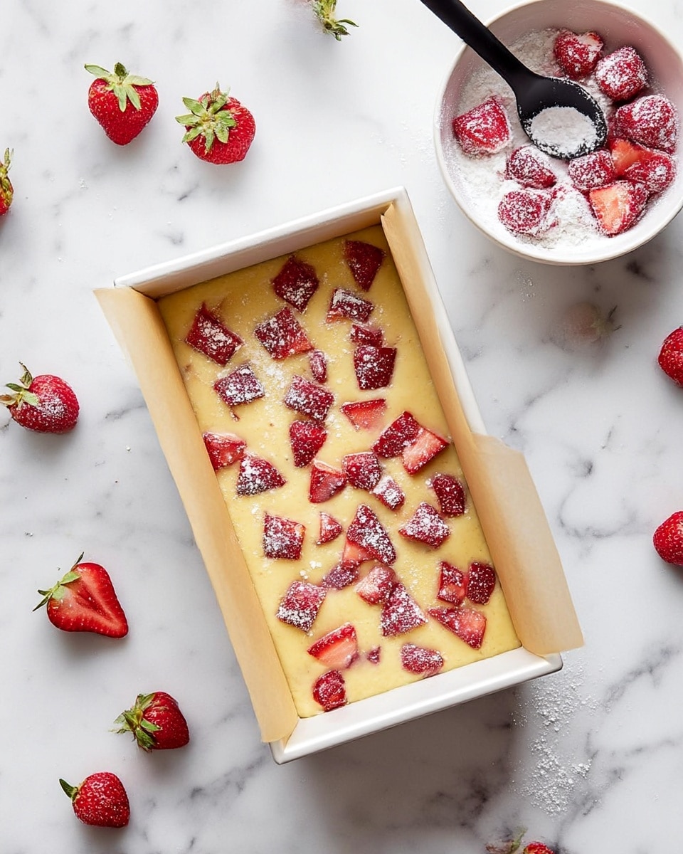 A rectangular white baking pan lined with parchment paper holds a single layer of pale yellow batter, topped evenly with pieces of red strawberries dusted with white flour. The pan is placed on a white marbled surface, scattered around which are fresh whole strawberries and a white bowl with more strawberry pieces coated in flour on a black spoon resting inside. The scene shows preparation before baking, with a clean and bright aesthetic. Photo taken with an iphone --ar 4:5 --v 7
