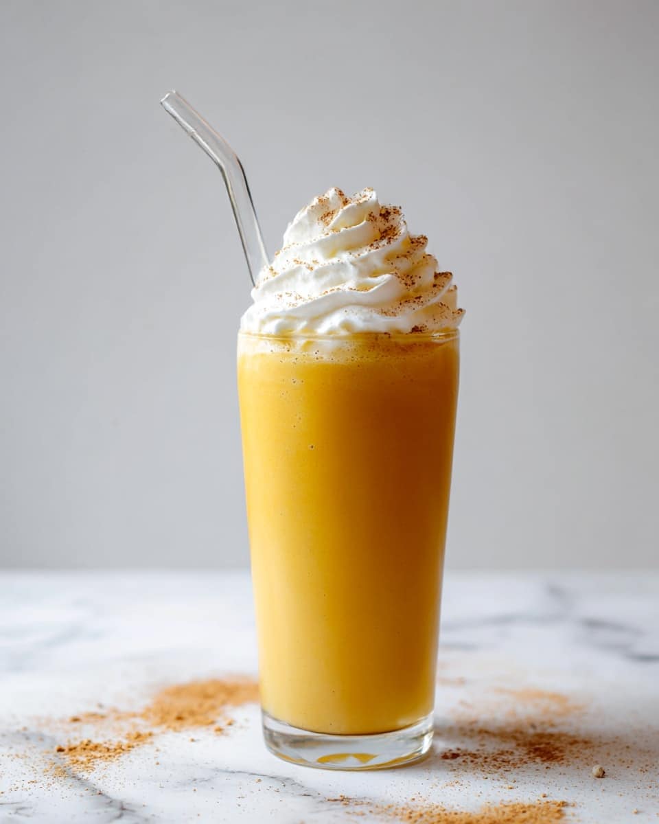 A tall clear glass filled with a smooth orange drink stands on a white marbled surface. The drink is topped with a generous swirl of white whipped cream, sprinkled lightly with brown spice powder. A clear glass straw is placed on the right side, leaning slightly outward from the whipped cream. Small specks of brown spice are scattered around the base of the glass on the white marbled surface. The background is plain light grey, making the drink the focus. photo taken with an iphone --ar 4:5 --v 7