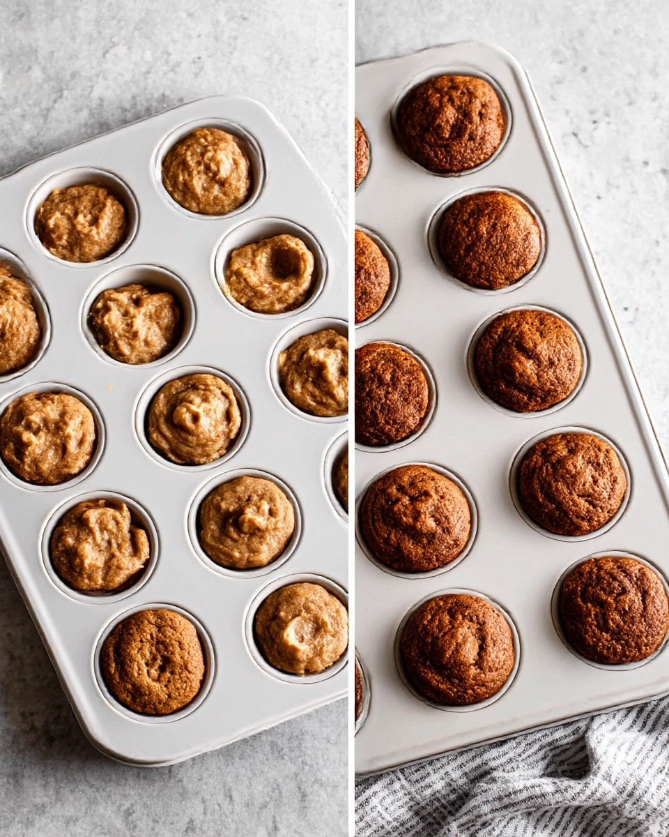 Two side-by-side white muffin trays sit on a white marbled surface. The left tray holds twelve muffin cups filled with raw, light brown batter that has a slightly chunky texture, each cup filled almost to the top with some uneven dollops. The right tray shows the same twelve muffins fully baked, now a darker rich brown with lightly cracked tops and a smooth, firm texture. A white and gray striped cloth is partially seen on the bottom right corner of the baking trays. photo taken with an iphone --ar 4:5 --v 7