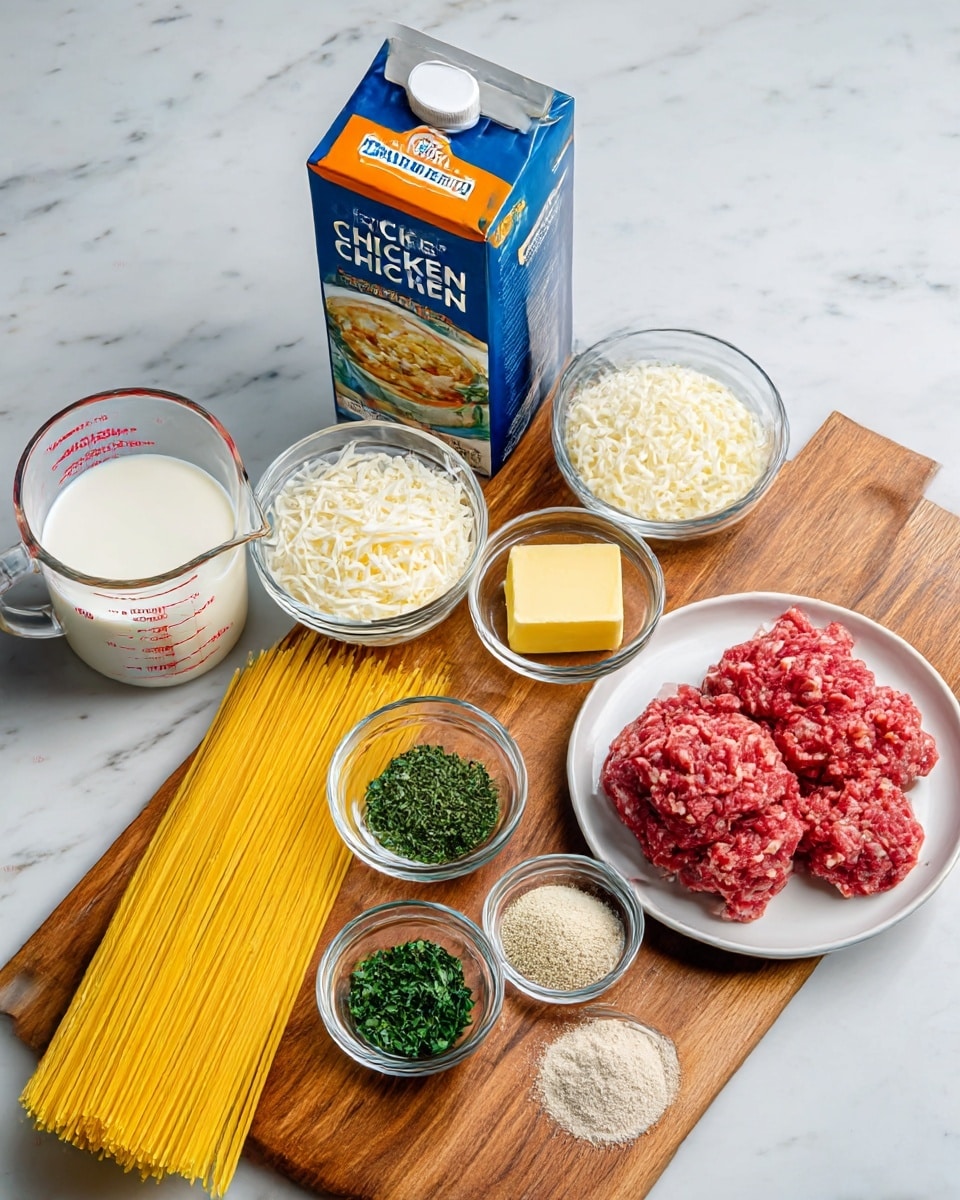 A wooden board on a white marbled surface holds various cooking ingredients: on the right side, a white plate layered with a chunk of red ground meat shows texture with small white fat bits; next to it, a clear glass bowl filled with shredded white cheese; behind, a small clear bowl with a square of light yellow butter; a measuring cup with clear milk, showing red measurement markings, sits on the left side. Thin uncooked yellow spaghetti pasta lies flat horizontally in the center, with small clear bowls containing green chopped herbs, mixed Italian seasoning, white powder, and a light beige powder arranged around it. At the back stands a large blue and white carton of chicken broth with orange text and an image of soup on the front. photo taken with an iphone --ar 4:5 --v 7