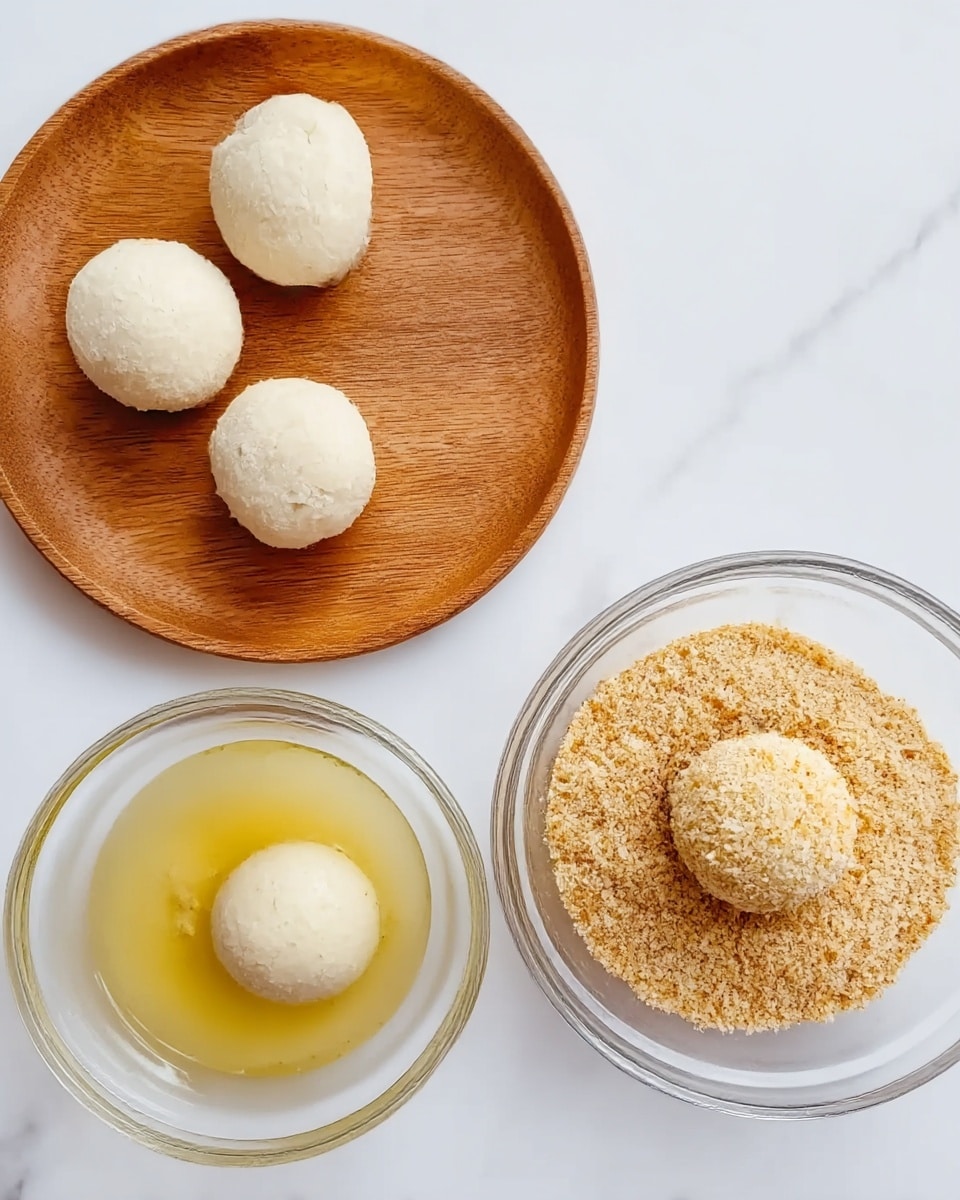 The image shows four white round balls placed on a wooden plate at the top left corner. Below the plate, there are two clear glass bowls: the left bowl contains a light yellow egg wash with two white balls inside it, and the right bowl is filled with light brown breadcrumbs, with one white ball coated and sitting on top. The background surface is a white marbled texture, bright and clean. A woman's hand is not visible but implied by the preparation steps shown. photo taken with an iphone --ar 4:5 --v 7