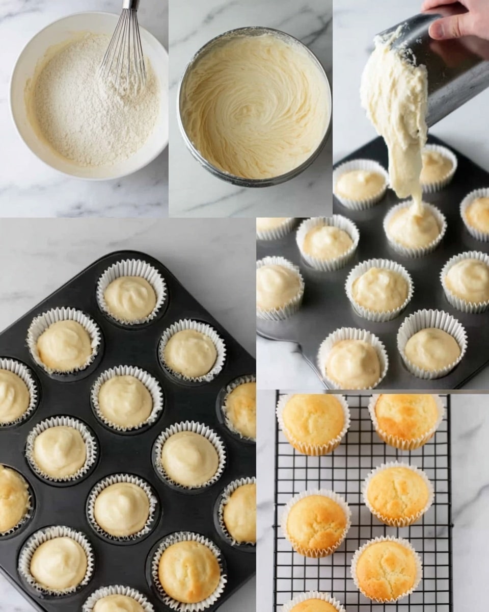 The image shows a six-step process of making cupcakes on a white marbled surface. The first step shows a mixing bowl filled with smooth creamy batter with flour being added on top, the second step shows the same batter now fully mixed and creamy with electric beaters still inside. The third step shows a woman's hand holding a metal scooper pouring thick batter into white cupcake paper cups placed in a black tray. The fourth step shows the tray filled with twelve white paper cups all topped evenly with smooth light batter. The fifth step shows the cupcakes fully baked, golden brown on top with a fluffy round dome shape, still in the black tray. The last step shows the baked cupcakes taken out and placed on a black cooling rack with the golden tops clear and slightly textured. Photo taken with an iphone --ar 4:5 --v 7