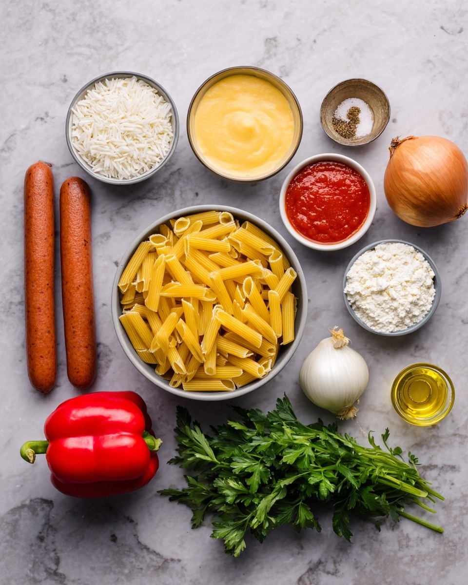 The image shows several cooking ingredients neatly arranged on a white marbled surface: two long brown sausages on the left, a small bowl of white rice, next to a larger bowl of yellow uncooked pasta in the center; behind the pasta is a large bowl of creamy yellow sauce, a small bowl of white flour, two small bowls of red tomato sauce, and a small bowl of crumbled white cheese. To the right, there is a whole white onion, a small glass container of yellow oil, and a wooden spoon with seasoning. At the bottom, there is a bright red bell pepper and a bunch of fresh green parsley. photo taken with an iphone --ar 4:5 --v 7